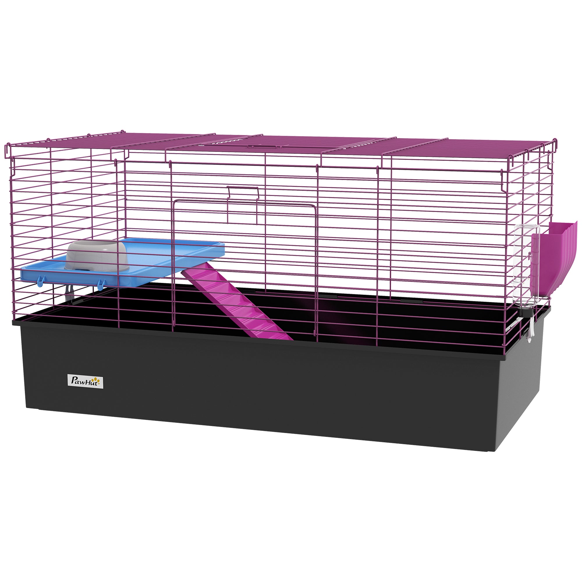 PawHut Guinea Pig Cage Chinchillas Rabbit Small Animal Cage with Ramp, Dish, Water Bottle, 99 x 52 x 53cm, Black