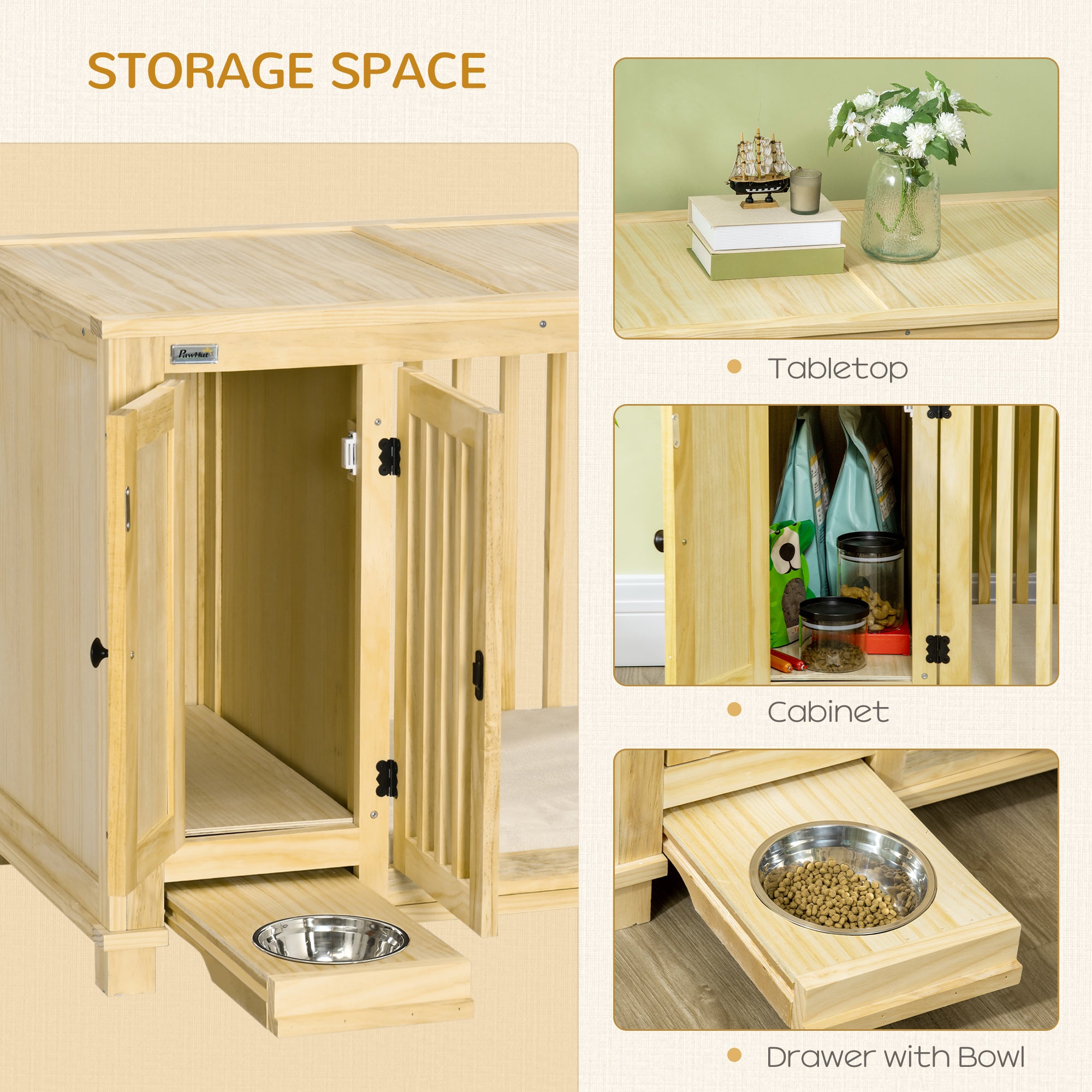 PawHut Wooden Dog Crate Furniture with Drawer Bowl Storage, Dog Kennel End Table with Cushion for Small Dogs Indoor Use, Natural