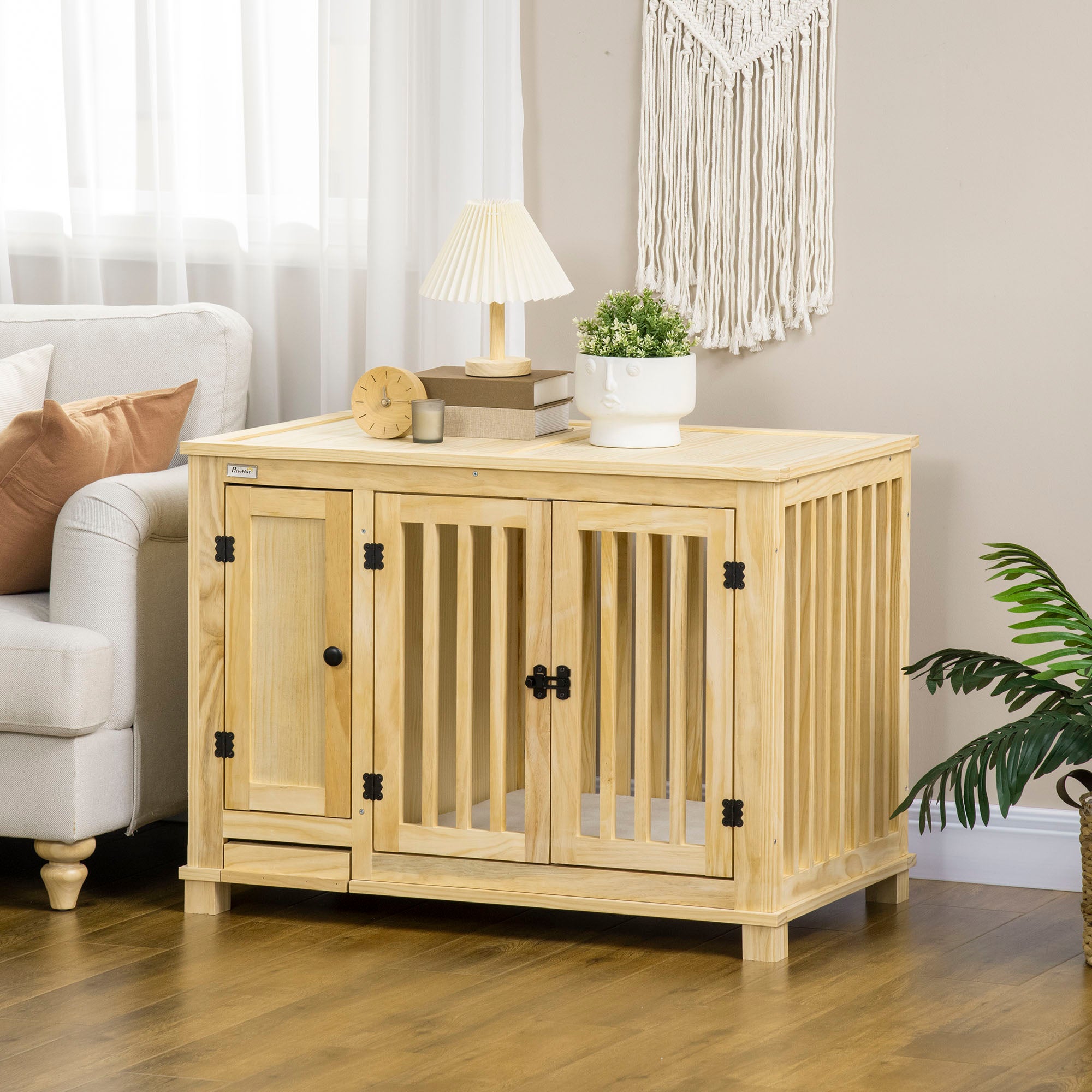 PawHut Wooden Dog Crate Furniture with Drawer Bowl Storage, Dog Kennel End Table with Cushion for Small Dogs Indoor Use, Natural