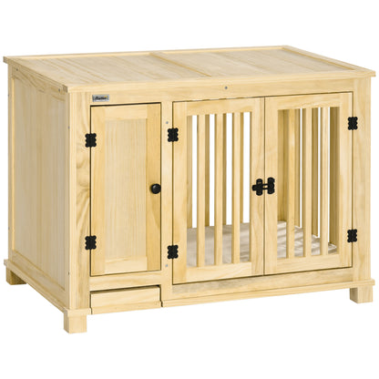 PawHut Wooden Dog Crate Furniture with Drawer Bowl Storage, Dog Kennel End Table with Cushion for Small Dogs Indoor Use, Natural