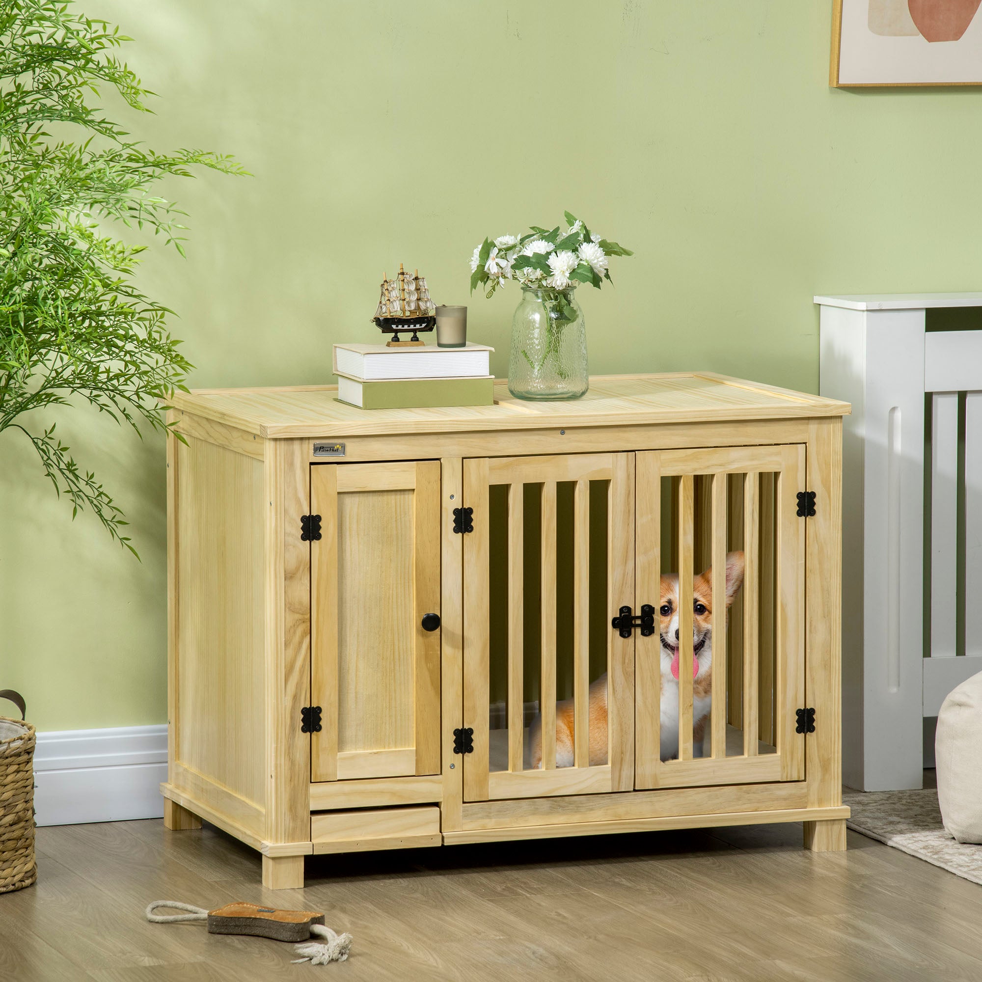 PawHut Wooden Dog Crate Furniture with Drawer Bowl Storage, Dog Kennel End Table with Cushion for Small Dogs Indoor Use, Natural