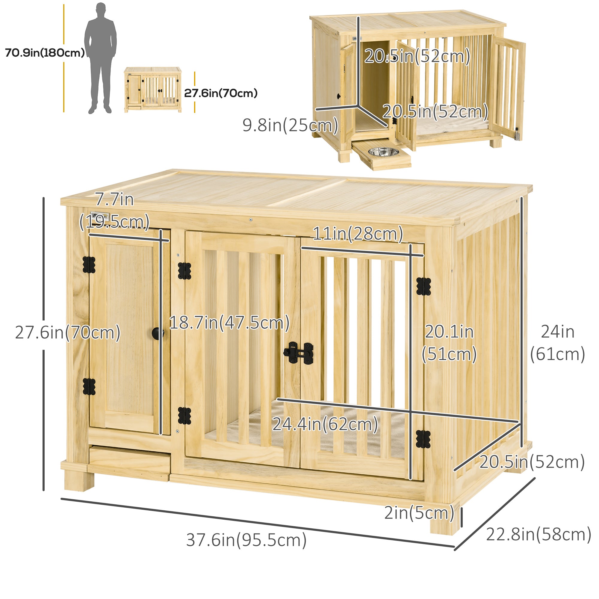 PawHut Wooden Dog Crate Furniture with Drawer Bowl Storage, Dog Kennel End Table with Cushion for Small Dogs Indoor Use, Natural