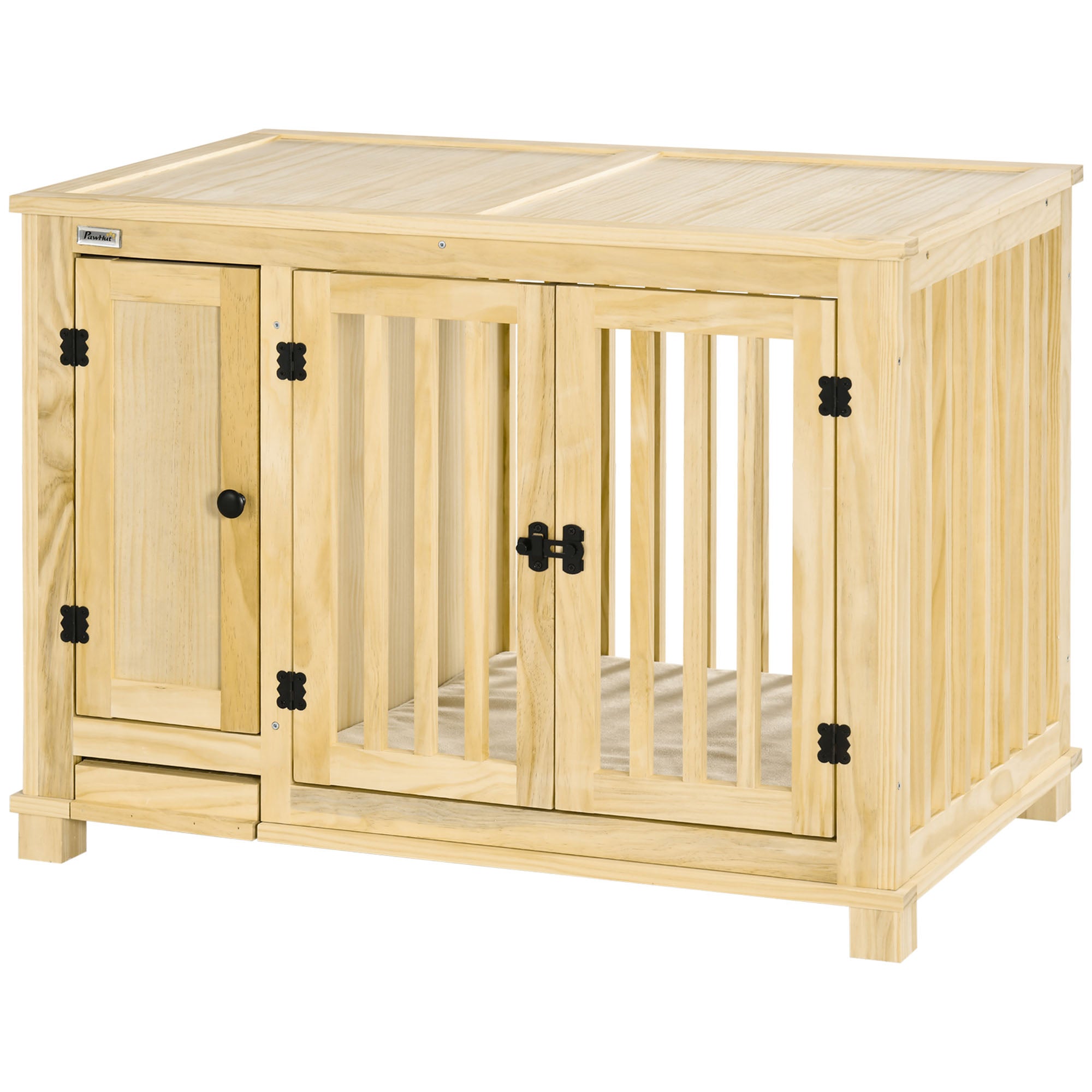 PawHut Wooden Dog Crate Furniture with Drawer Bowl Storage, Dog Kennel End Table with Cushion for Small Dogs Indoor Use, Natural