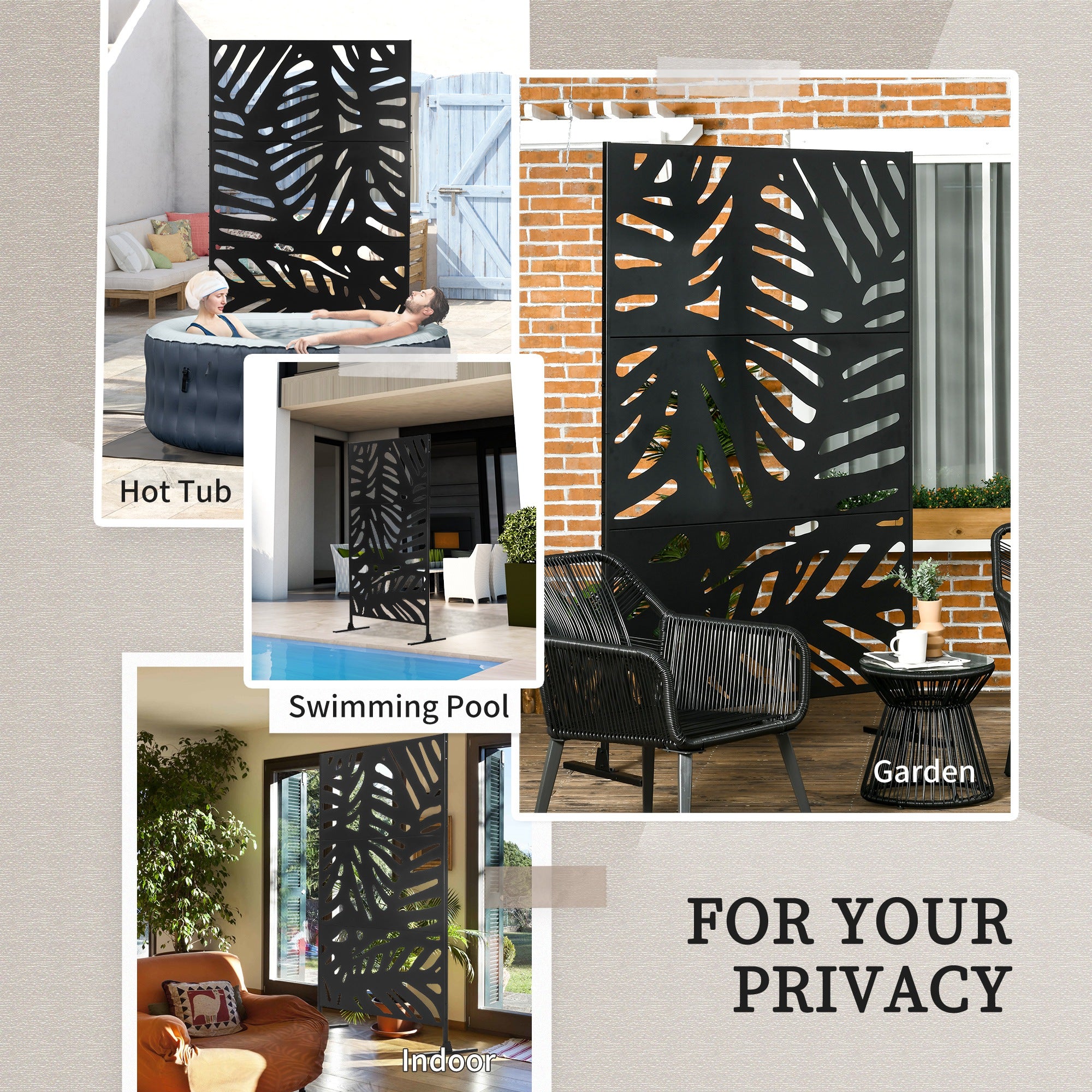 Outsunny Metal Outdoor Privacy Screen, Decorative Outdoor Divider with Stand and Expansion Screws, Freestanding Privacy Panel for Garden Backyard Deck Pool Hot Tub, Leaf Style