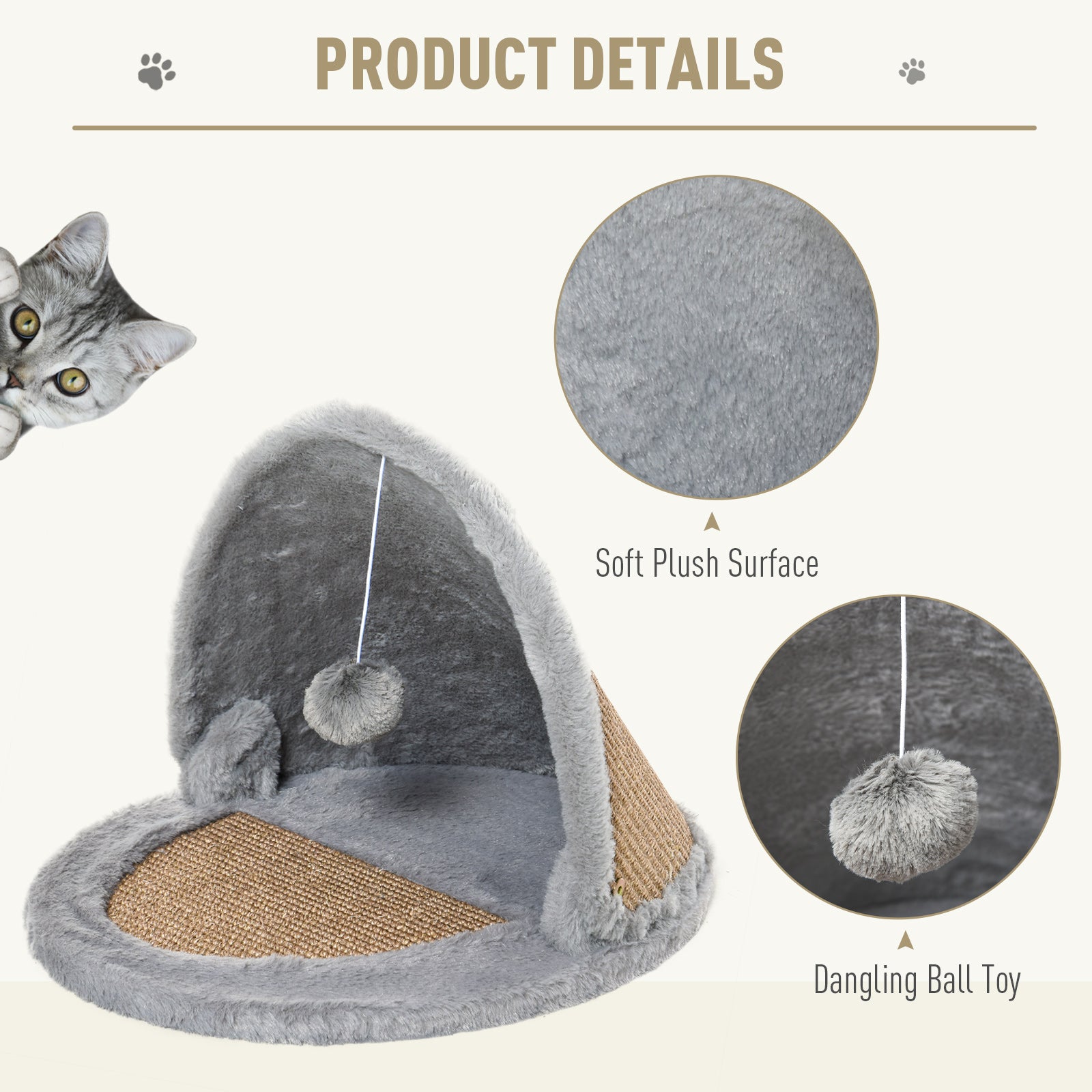PawHut Cat House Kitten Bed Pet Furniture with Sisal Scratching Area Soft Plush for Rest and Play, Grey and Brown