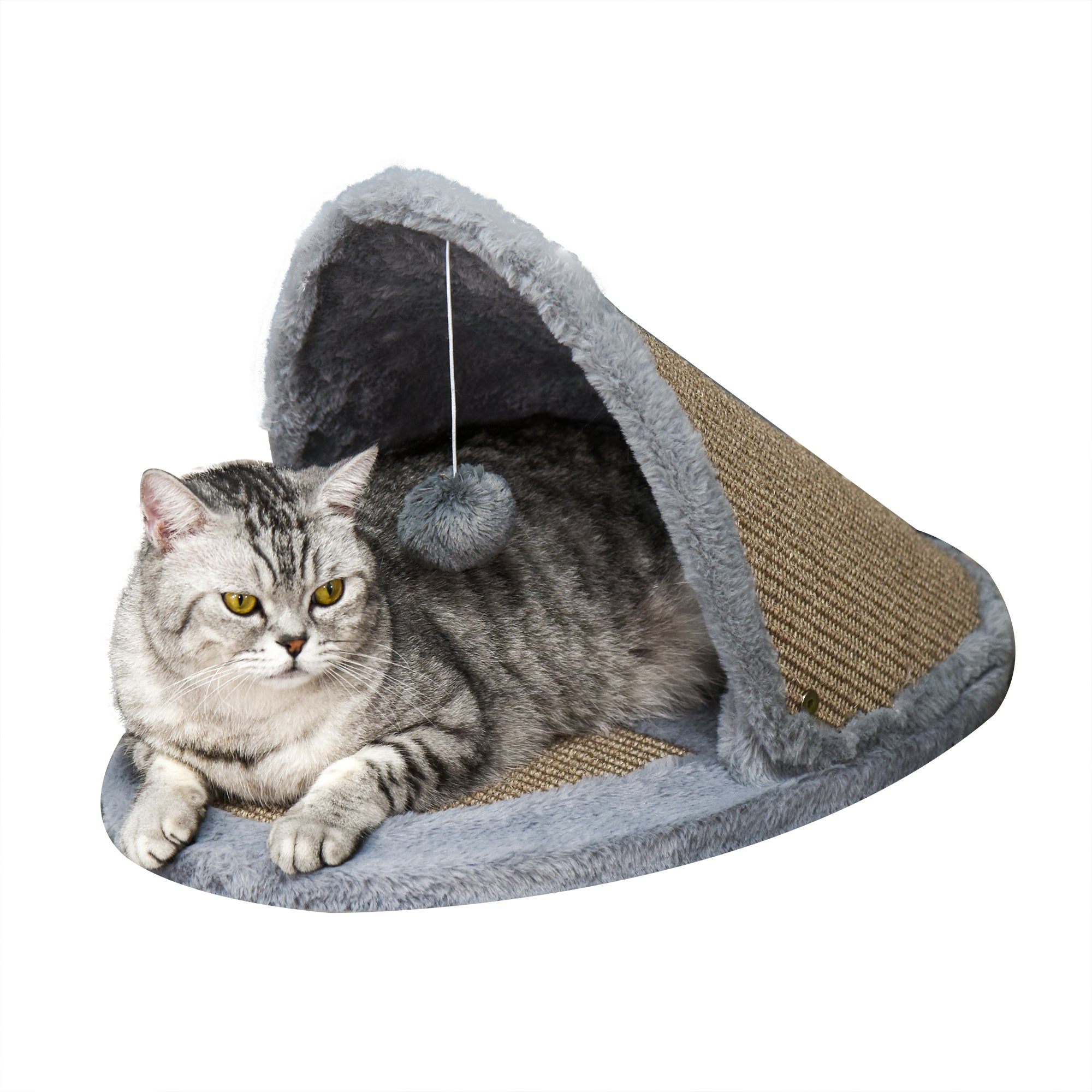 PawHut Cat House Kitten Bed Pet Furniture with Sisal Scratching Area Soft Plush for Rest and Play, Grey and Brown
