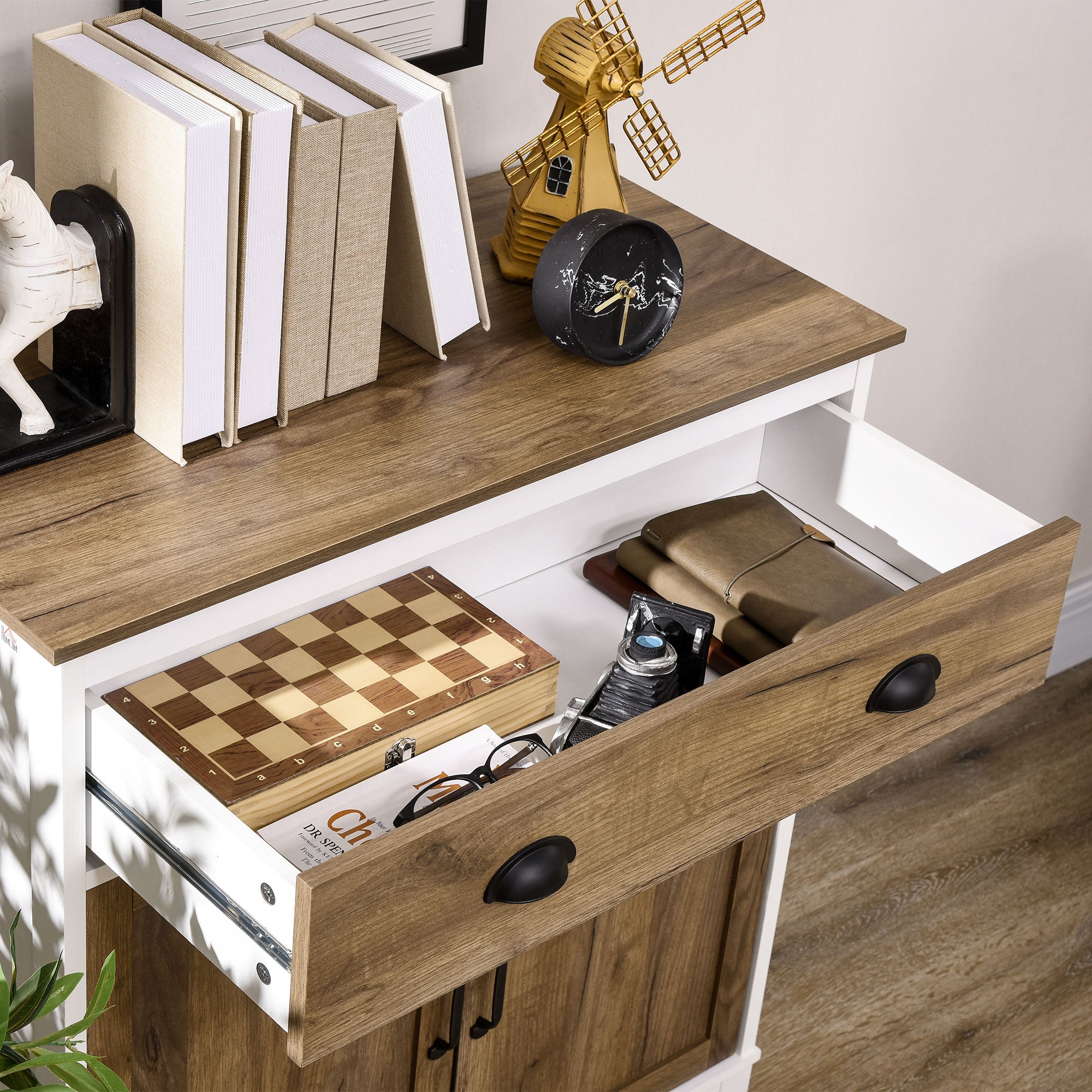 HOMCOM Farmhouse Storage Cabinet, Sideboard Kitchen Cupboard with Drawer, Double Doors and Shelves, Distressed Wood Grain