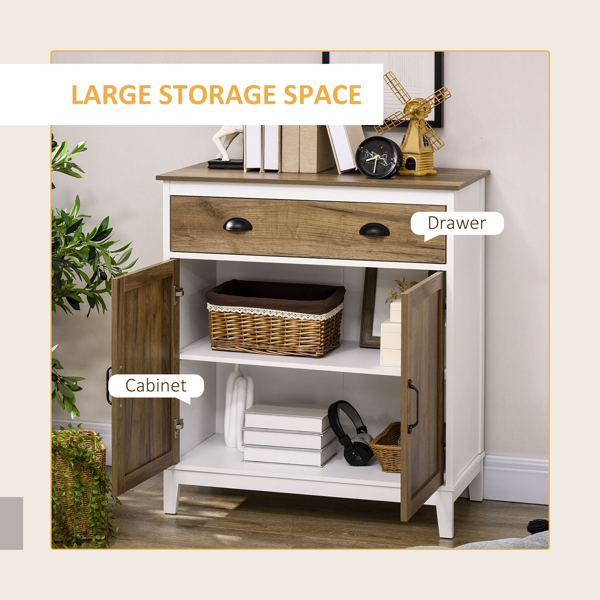 HOMCOM Farmhouse Storage Cabinet, Sideboard Kitchen Cupboard with Drawer, Double Doors and Shelves, Distressed Wood Grain