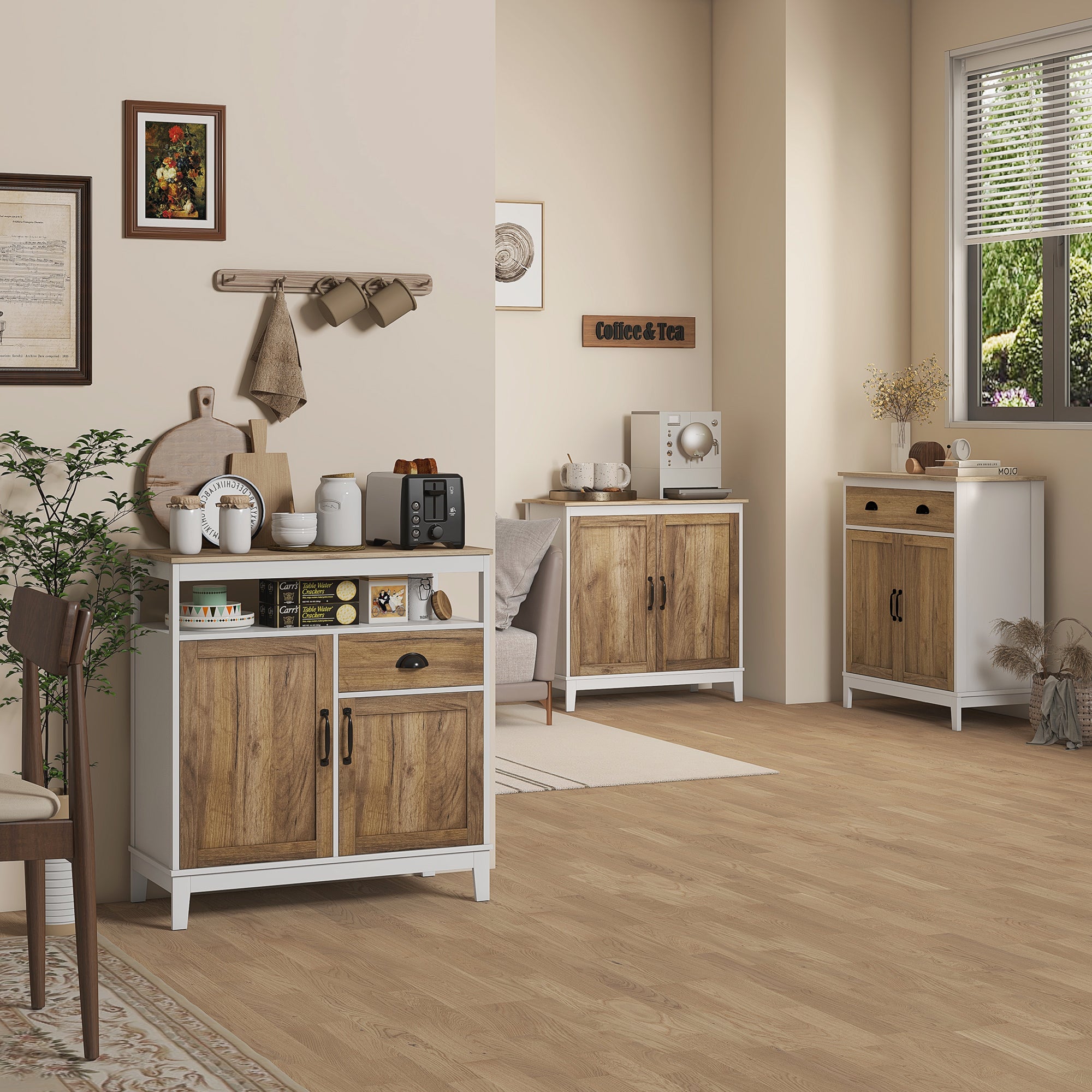 HOMCOM Farmhouse Storage Cabinet, Sideboard Kitchen Cupboard with Drawer, Double Doors and Shelves, Distressed Wood Grain