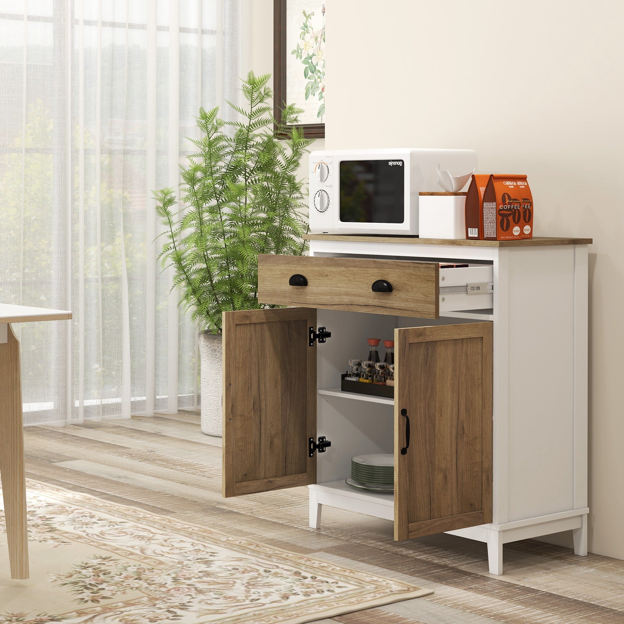 HOMCOM Farmhouse Storage Cabinet, Sideboard Kitchen Cupboard with Drawer, Double Doors and Shelves, Distressed Wood Grain