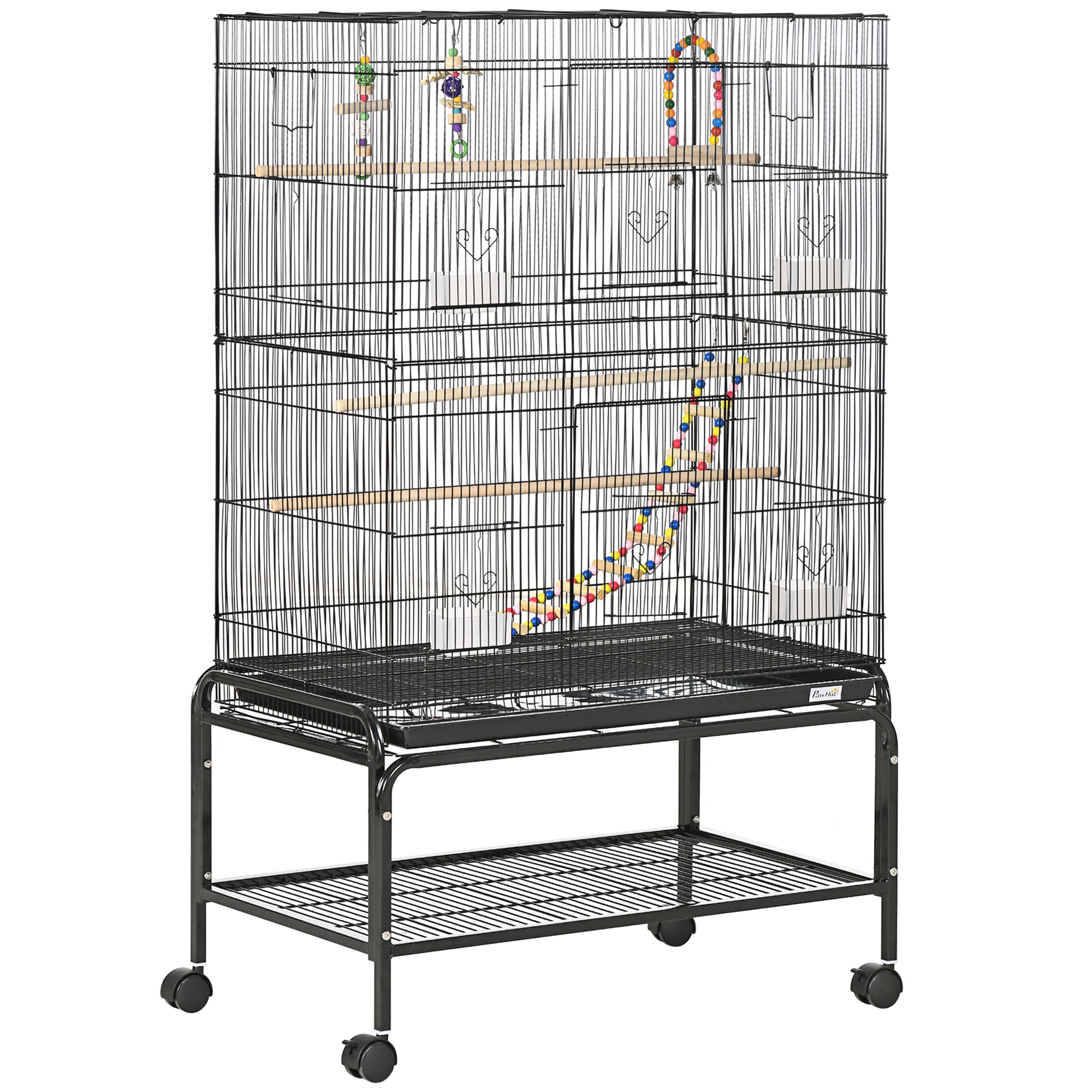 PawHut 52" Bird Cage for Budgies Cockatiels Canaries Lovebirds Finches with Rolling Stand, Toys, Removable Tray, Storage Shelf, Black
