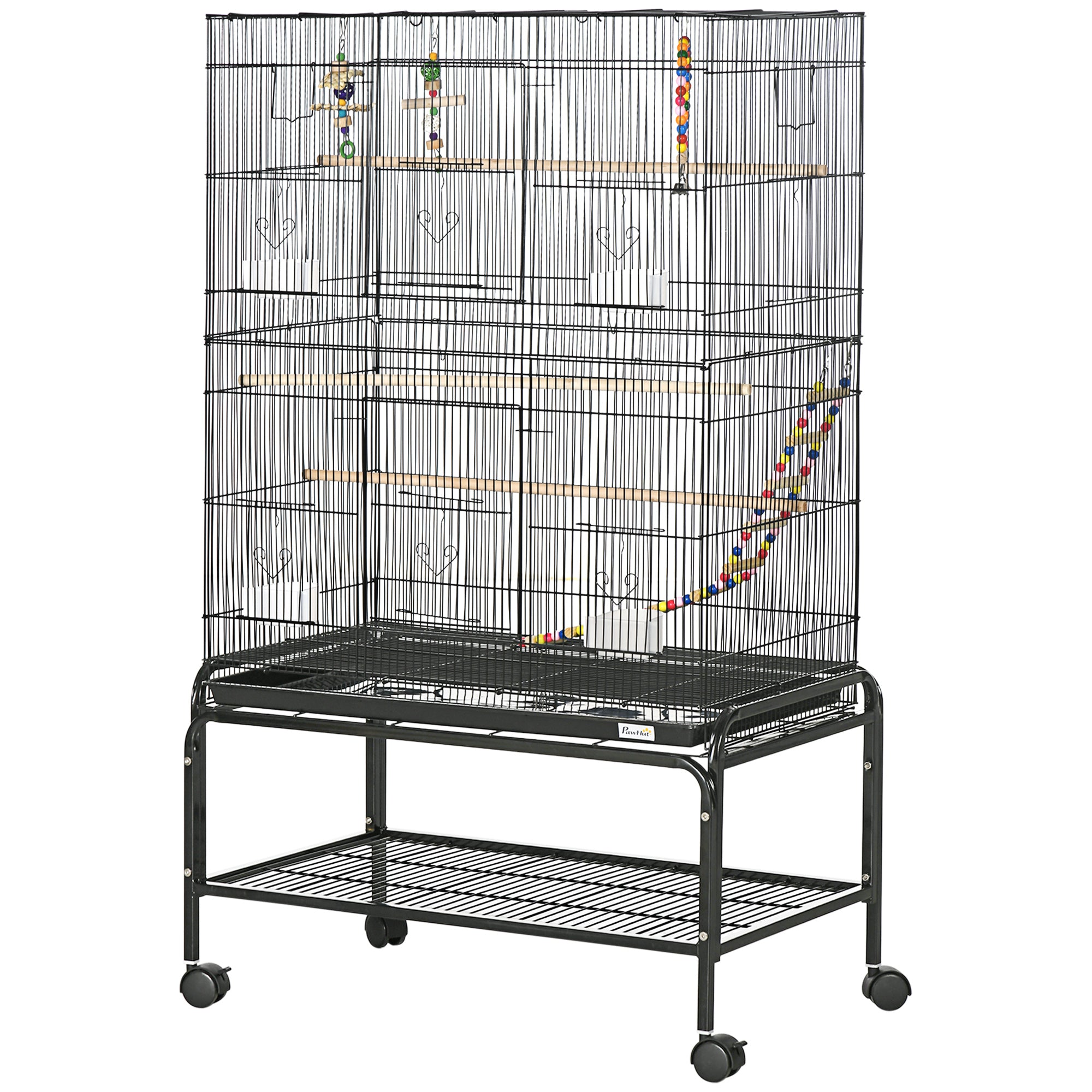 PawHut 52" Bird Cage for Budgies Cockatiels Canaries Lovebirds Finches with Rolling Stand, Toys, Removable Tray, Storage Shelf, Black