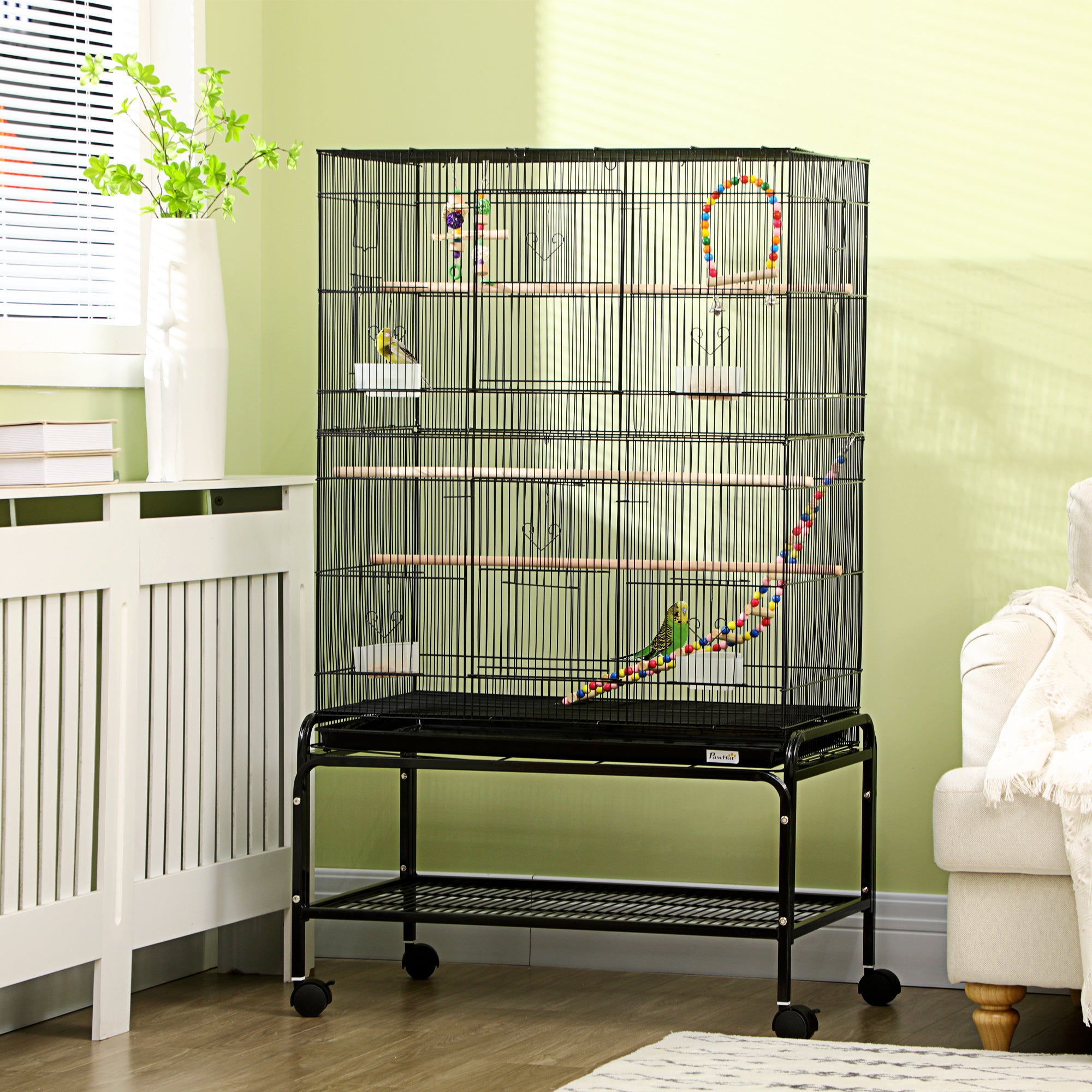 PawHut 52" Bird Cage for Budgies Cockatiels Canaries Lovebirds Finches with Rolling Stand, Toys, Removable Tray, Storage Shelf, Black
