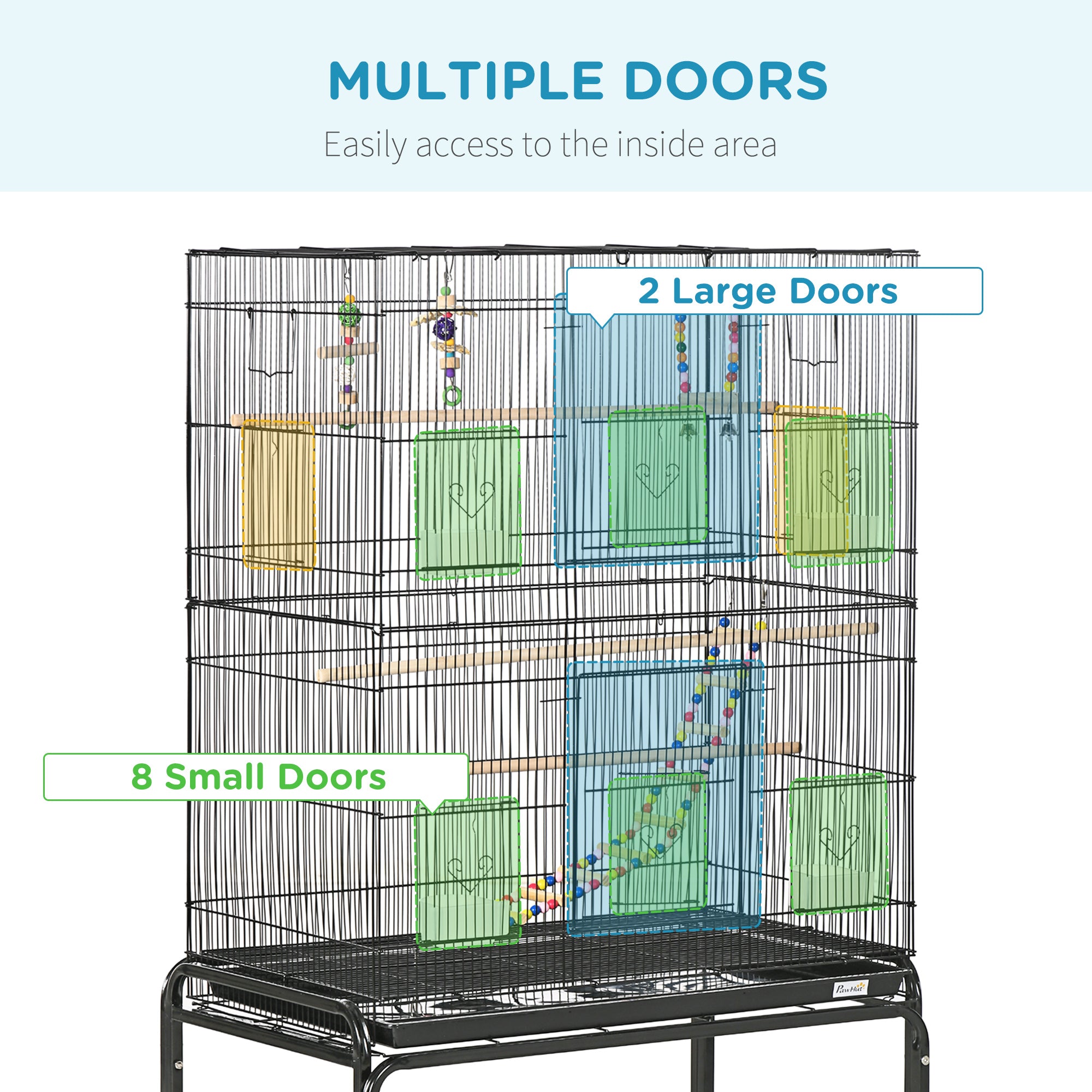PawHut 52" Bird Cage for Budgies Cockatiels Canaries Lovebirds Finches with Rolling Stand, Toys, Removable Tray, Storage Shelf, Black