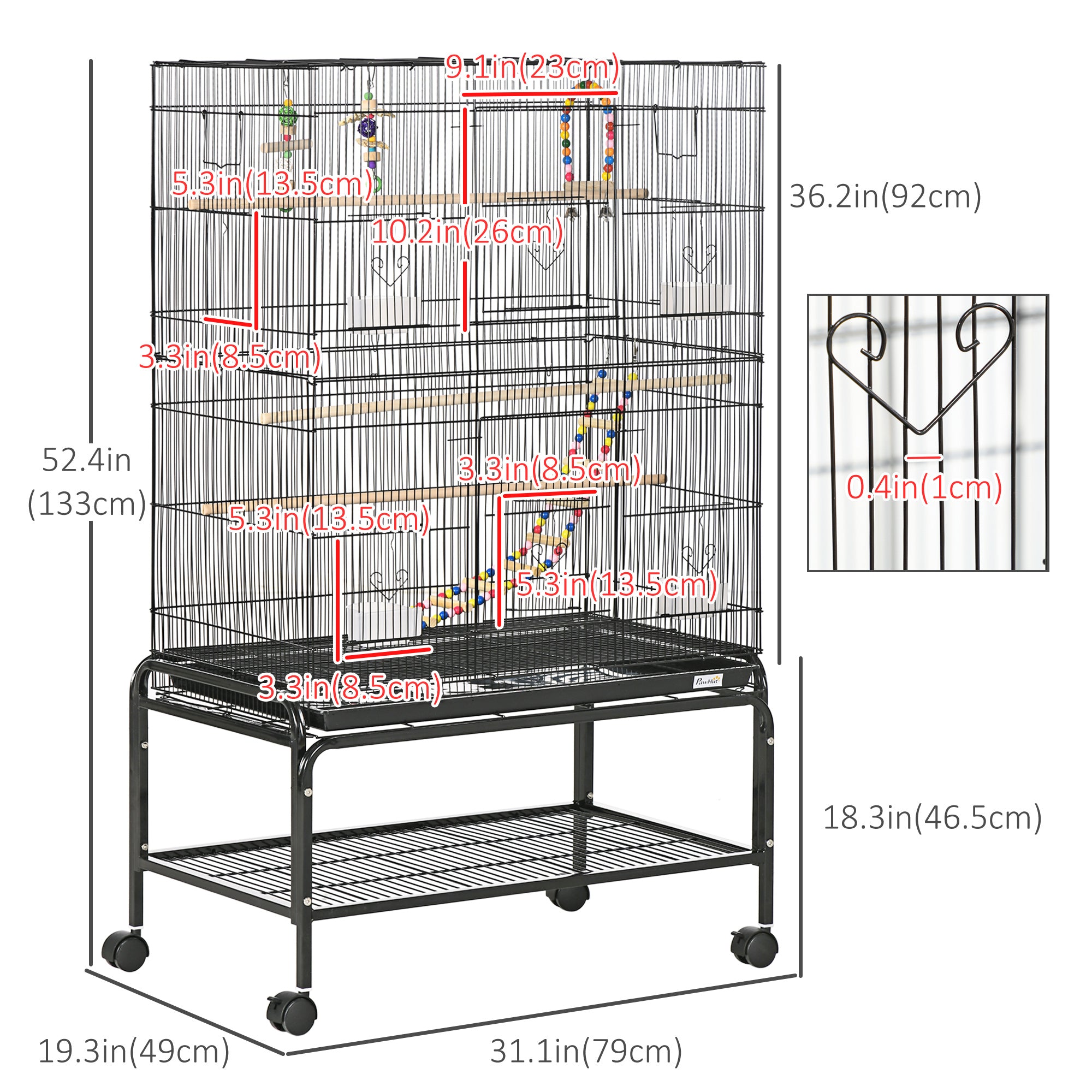 PawHut 52" Bird Cage for Budgies Cockatiels Canaries Lovebirds Finches with Rolling Stand, Toys, Removable Tray, Storage Shelf, Black