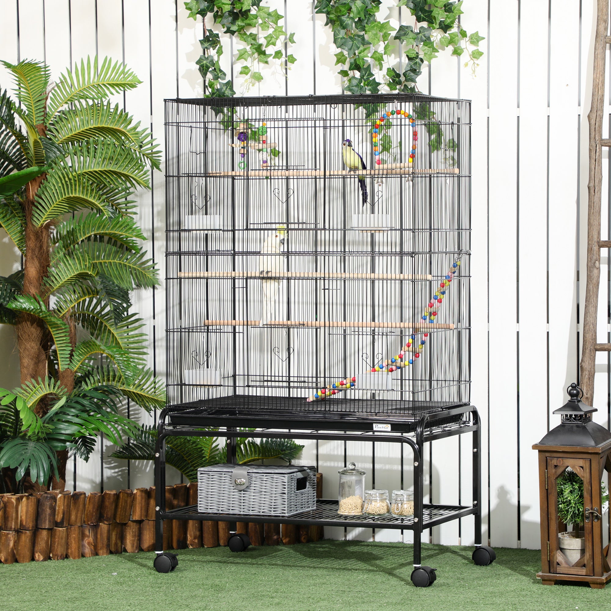 PawHut 52" Bird Cage for Budgies Cockatiels Canaries Lovebirds Finches with Rolling Stand, Toys, Removable Tray, Storage Shelf, Black