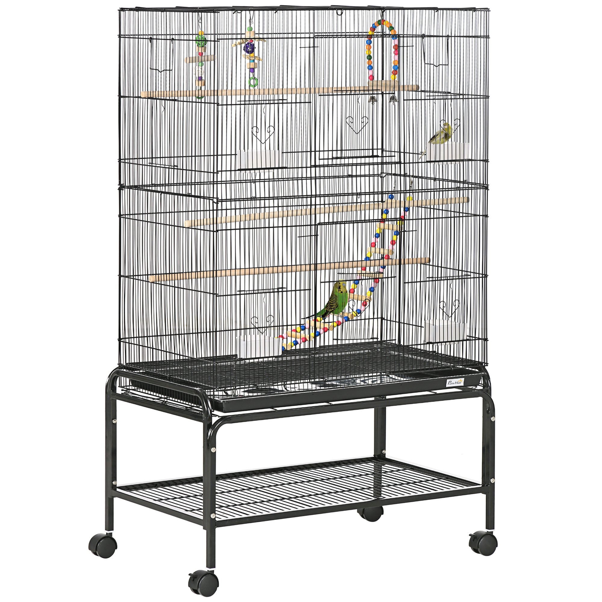 PawHut 52" Bird Cage for Budgies Cockatiels Canaries Lovebirds Finches with Rolling Stand, Toys, Removable Tray, Storage Shelf, Black