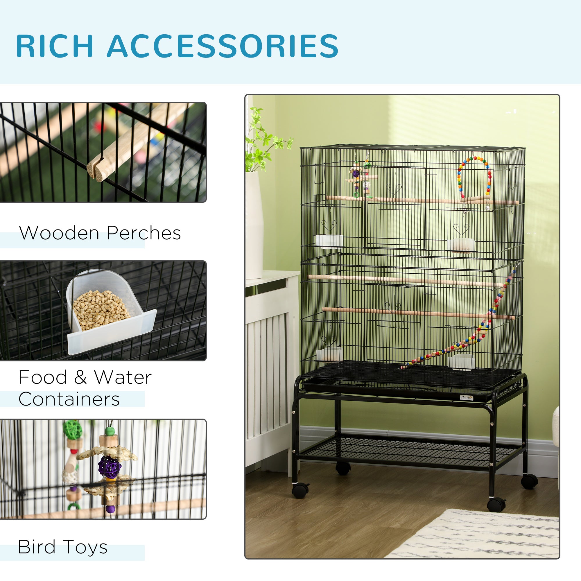 PawHut 52" Bird Cage for Budgies Cockatiels Canaries Lovebirds Finches with Rolling Stand, Toys, Removable Tray, Storage Shelf, Black
