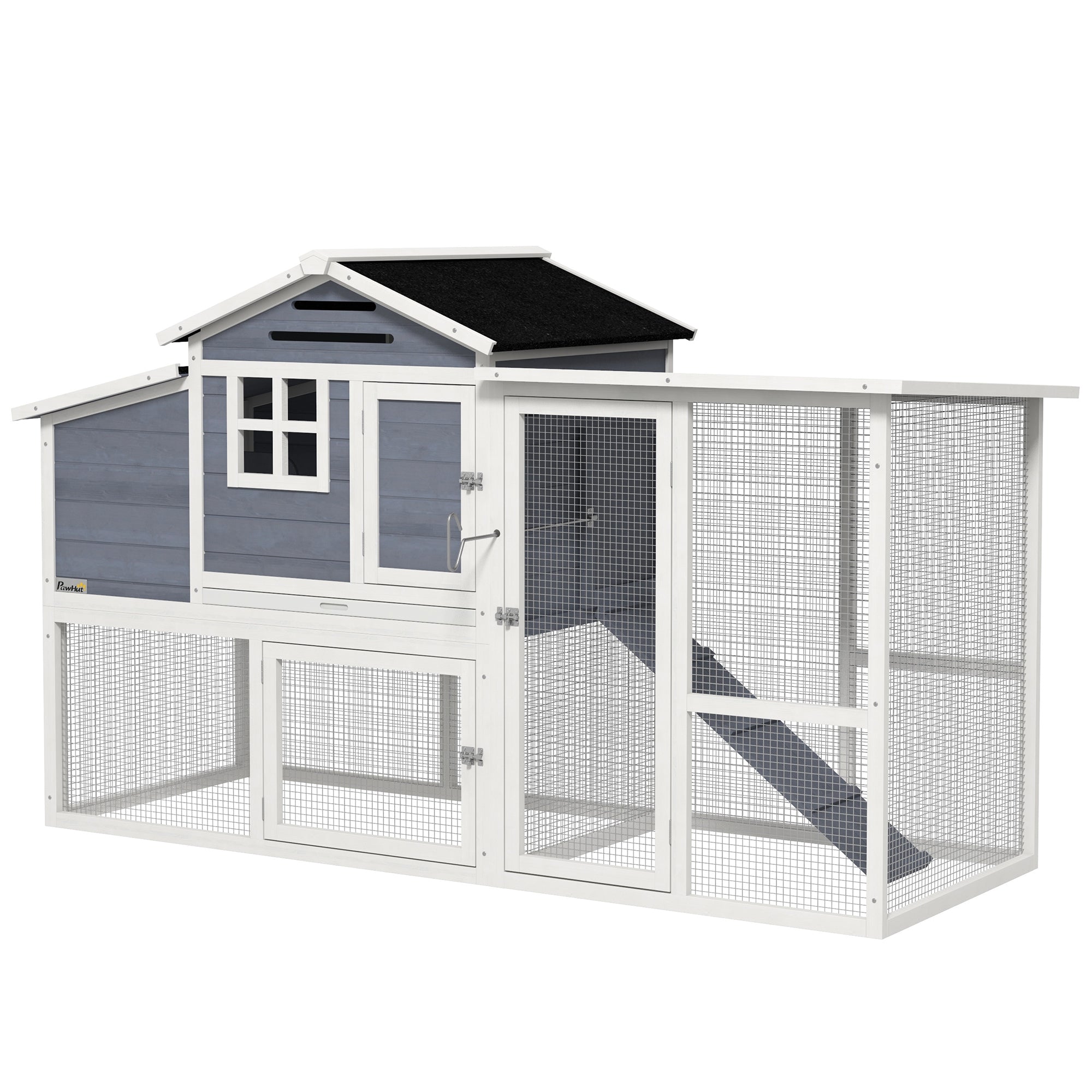 PawHut 76" Wooden Chicken Coop, Outdoor Hen House Poultry Duck Goose Cage with Outdoor Run, Nesting Box, Removable Tray and Lockable Doors, Grey