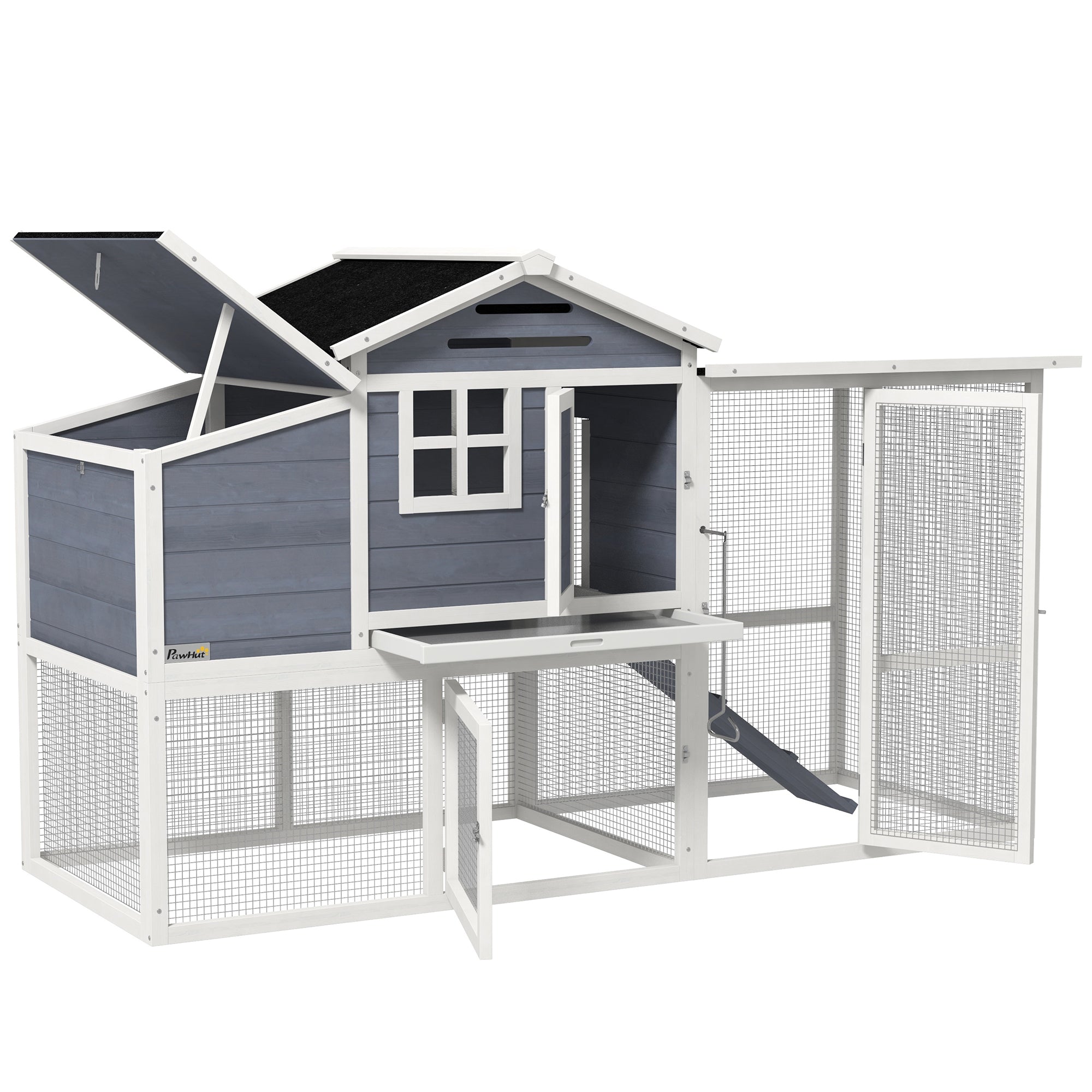 PawHut 76" Wooden Chicken Coop, Outdoor Hen House Poultry Duck Goose Cage with Outdoor Run, Nesting Box, Removable Tray and Lockable Doors, Grey
