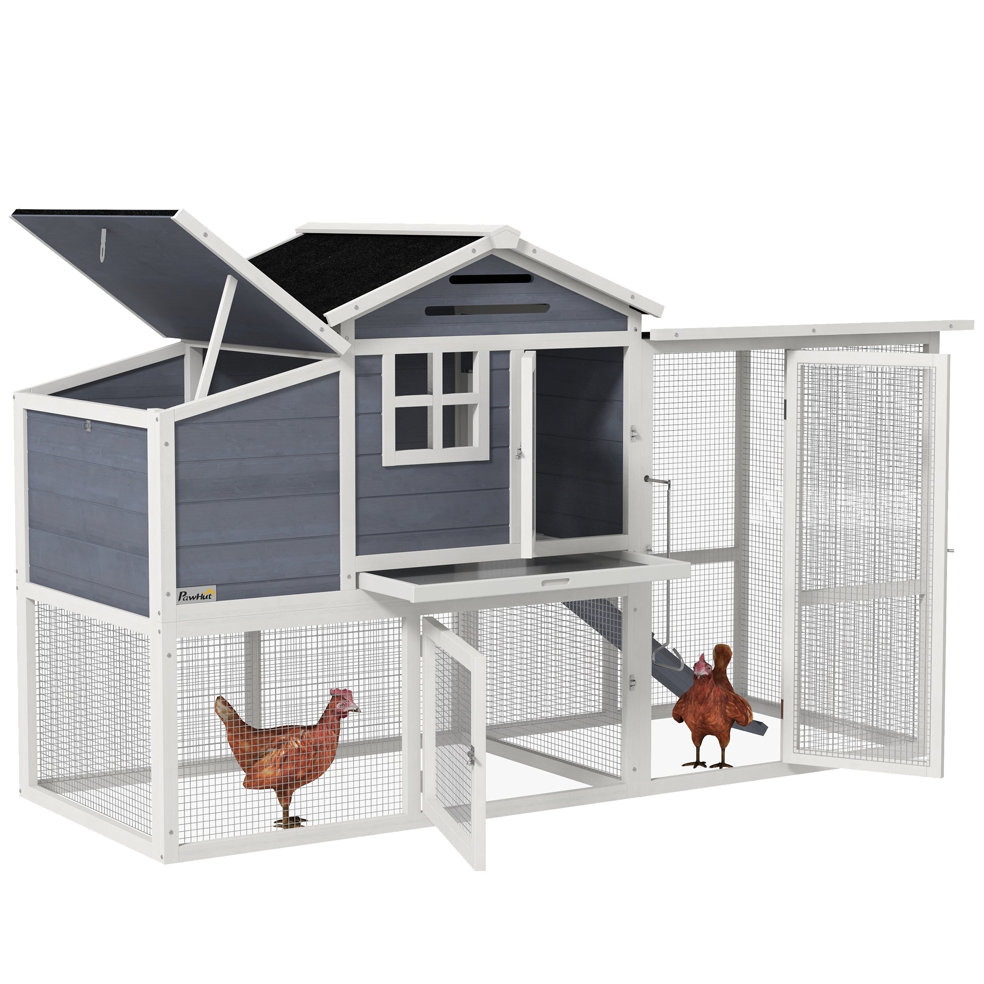 PawHut 76" Wooden Chicken Coop, Outdoor Hen House Poultry Duck Goose Cage with Outdoor Run, Nesting Box, Removable Tray and Lockable Doors, Grey