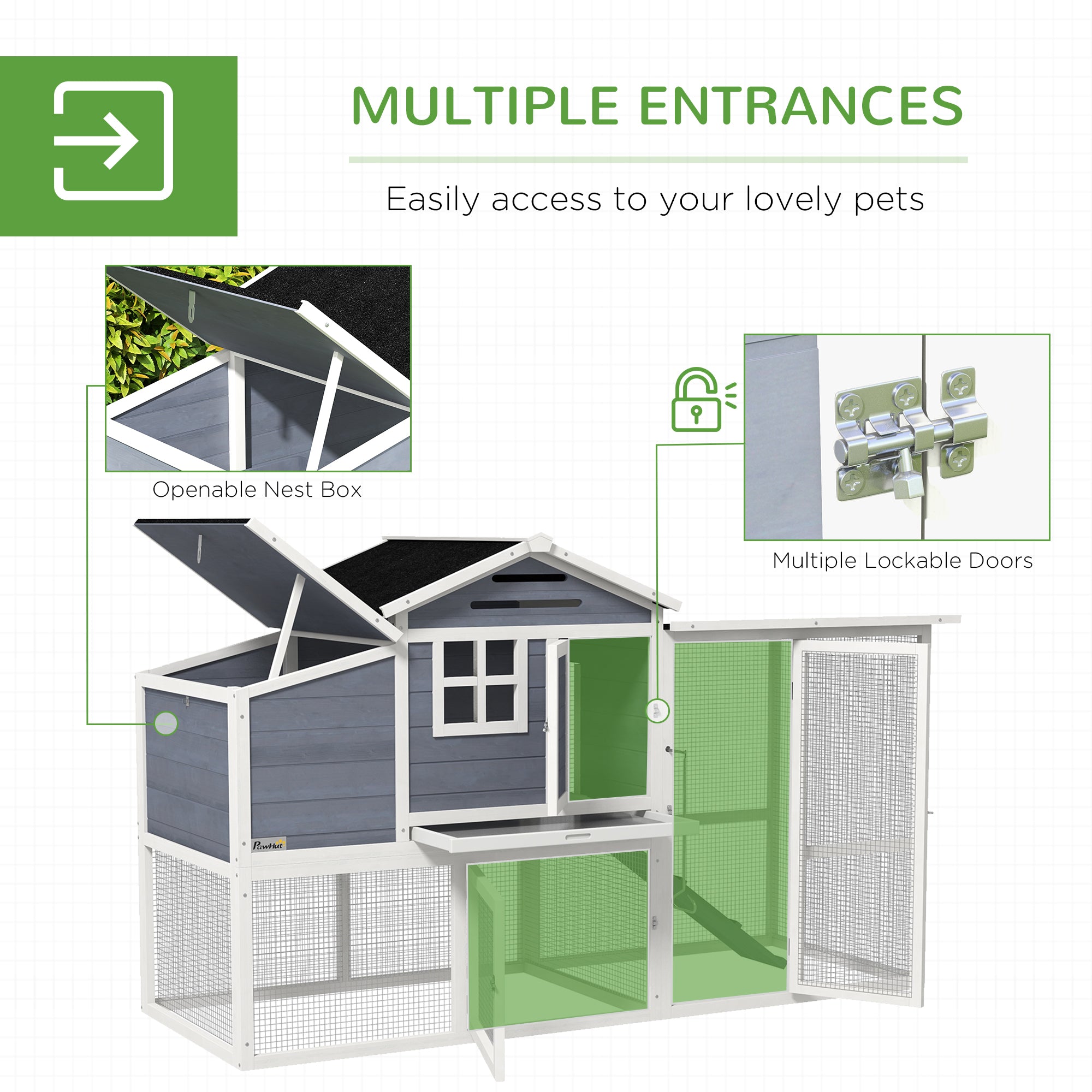 PawHut 76" Wooden Chicken Coop, Outdoor Hen House Poultry Duck Goose Cage with Outdoor Run, Nesting Box, Removable Tray and Lockable Doors, Grey