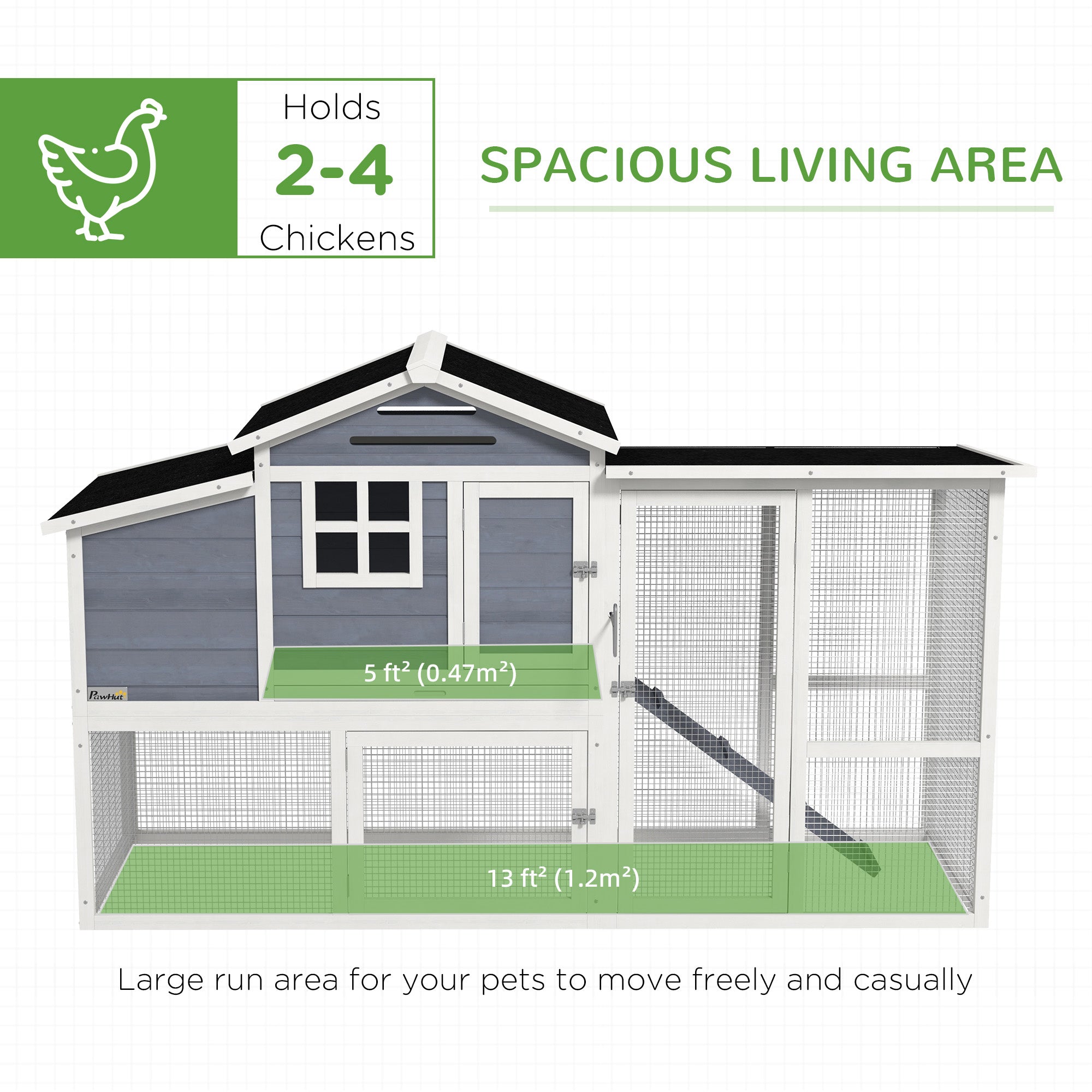 PawHut 76" Wooden Chicken Coop, Outdoor Hen House Poultry Duck Goose Cage with Outdoor Run, Nesting Box, Removable Tray and Lockable Doors, Grey