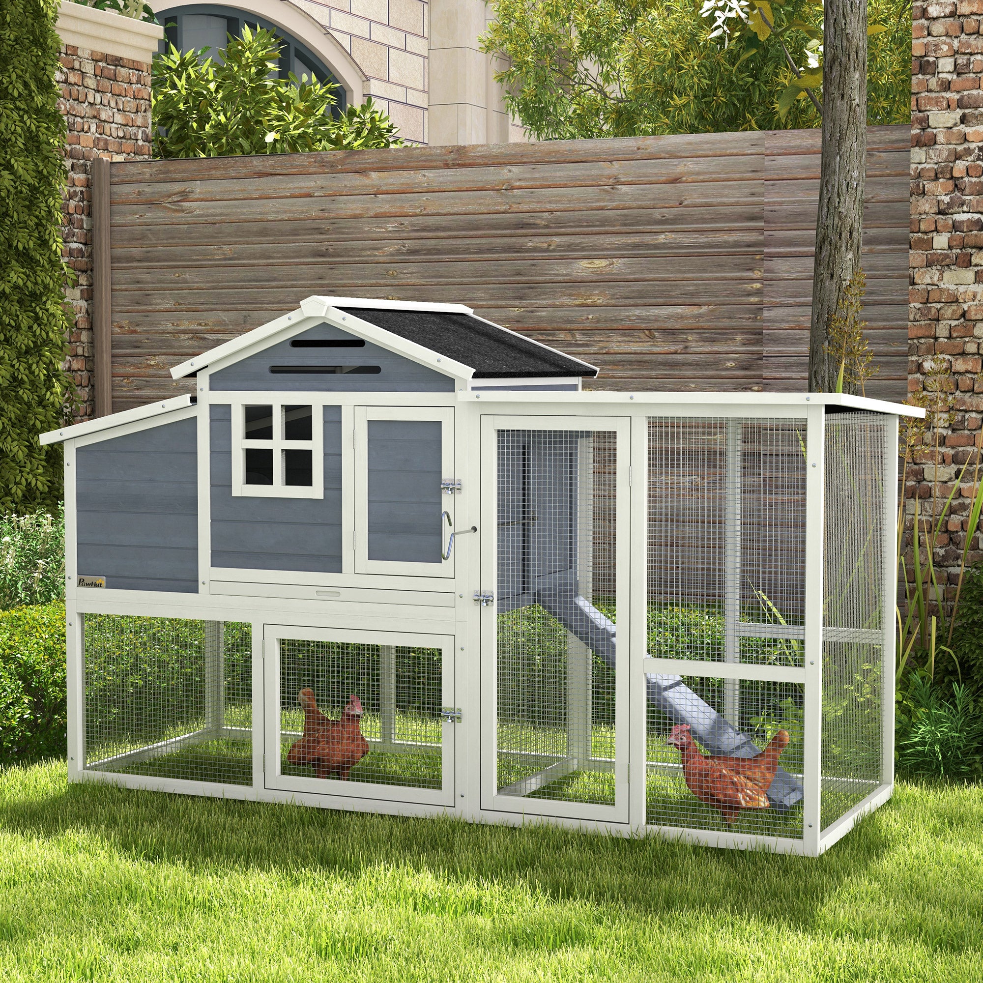 PawHut 76" Wooden Chicken Coop, Outdoor Hen House Poultry Duck Goose Cage with Outdoor Run, Nesting Box, Removable Tray and Lockable Doors, Grey
