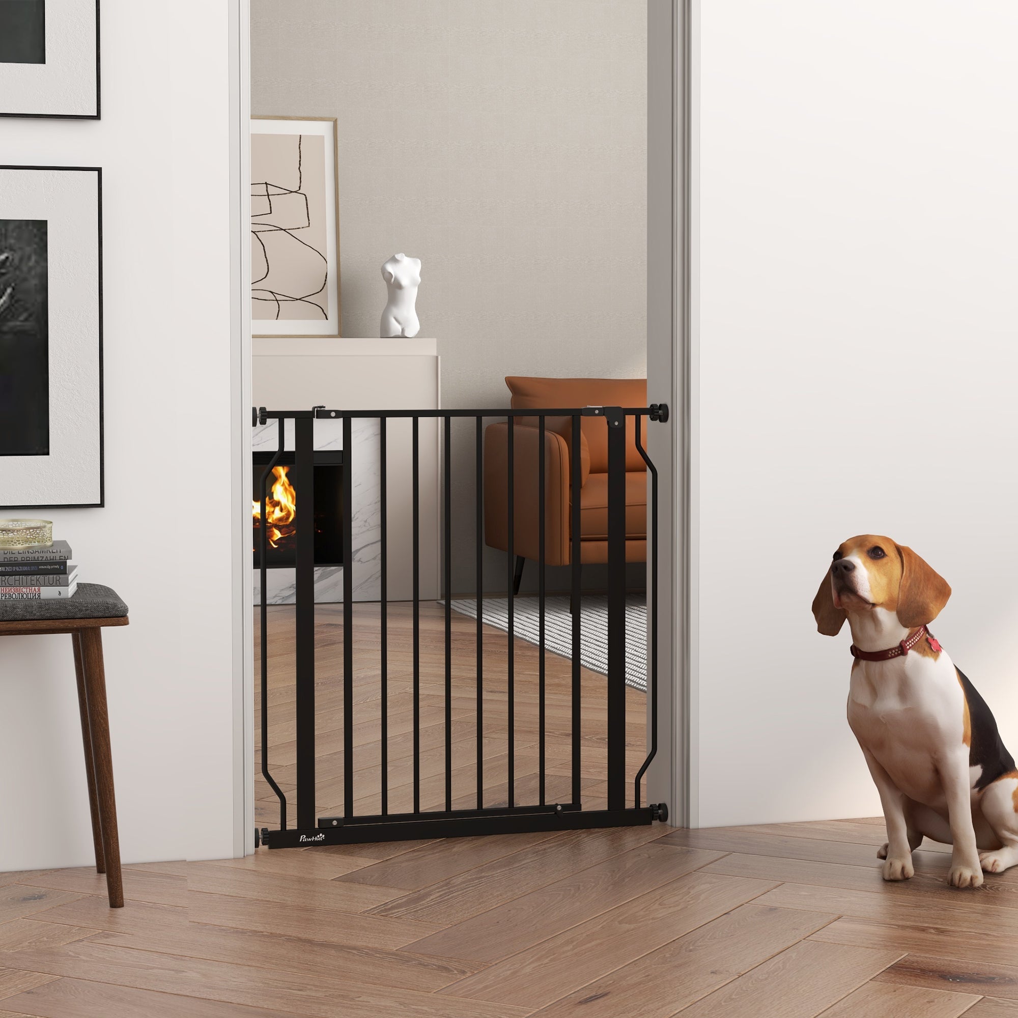 PawHut Dog Gate Wide Stair Gate w/ Door Pressure Fit Pets Barrier for Doorway, Hallway, 76H x 75-85W cm - Black