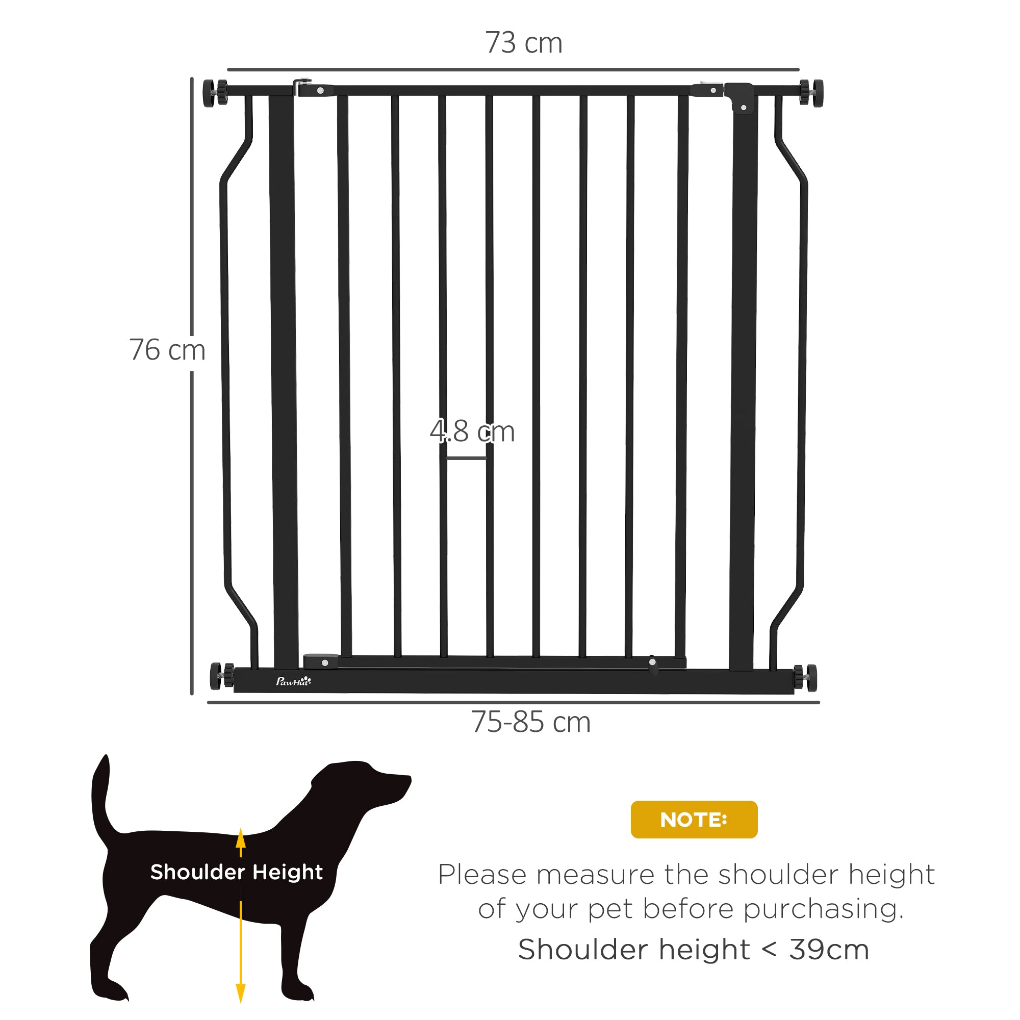 PawHut Dog Gate Wide Stair Gate w/ Door Pressure Fit Pets Barrier for Doorway, Hallway, 76H x 75-85W cm - Black