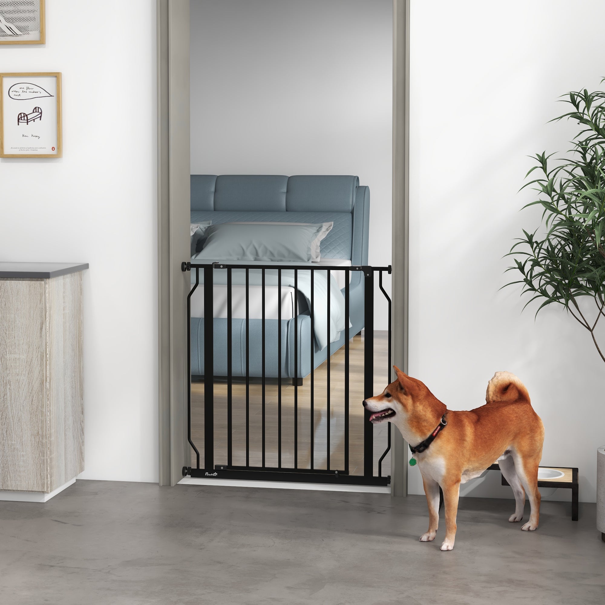PawHut 30"- 34" Extra Wide Dog Gate with Door, Double Locking System, Easy Install Pet Gate for Stairs, Hallways, and Doorways, Black
