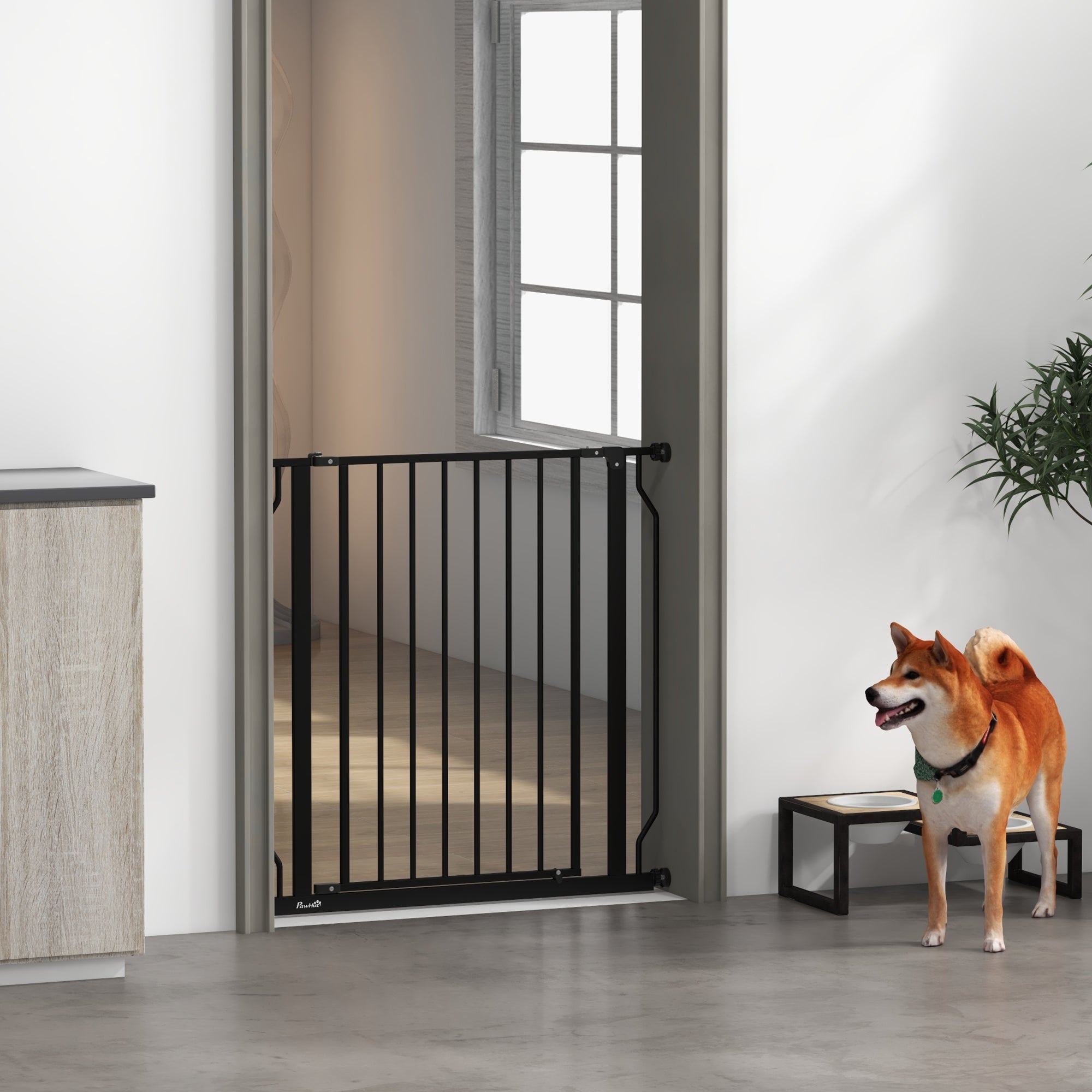 PawHut Dog Gate Wide Stair Gate w/ Door Pressure Fit Pets Barrier for Doorway, Hallway, 76H x 75-85W cm - Black