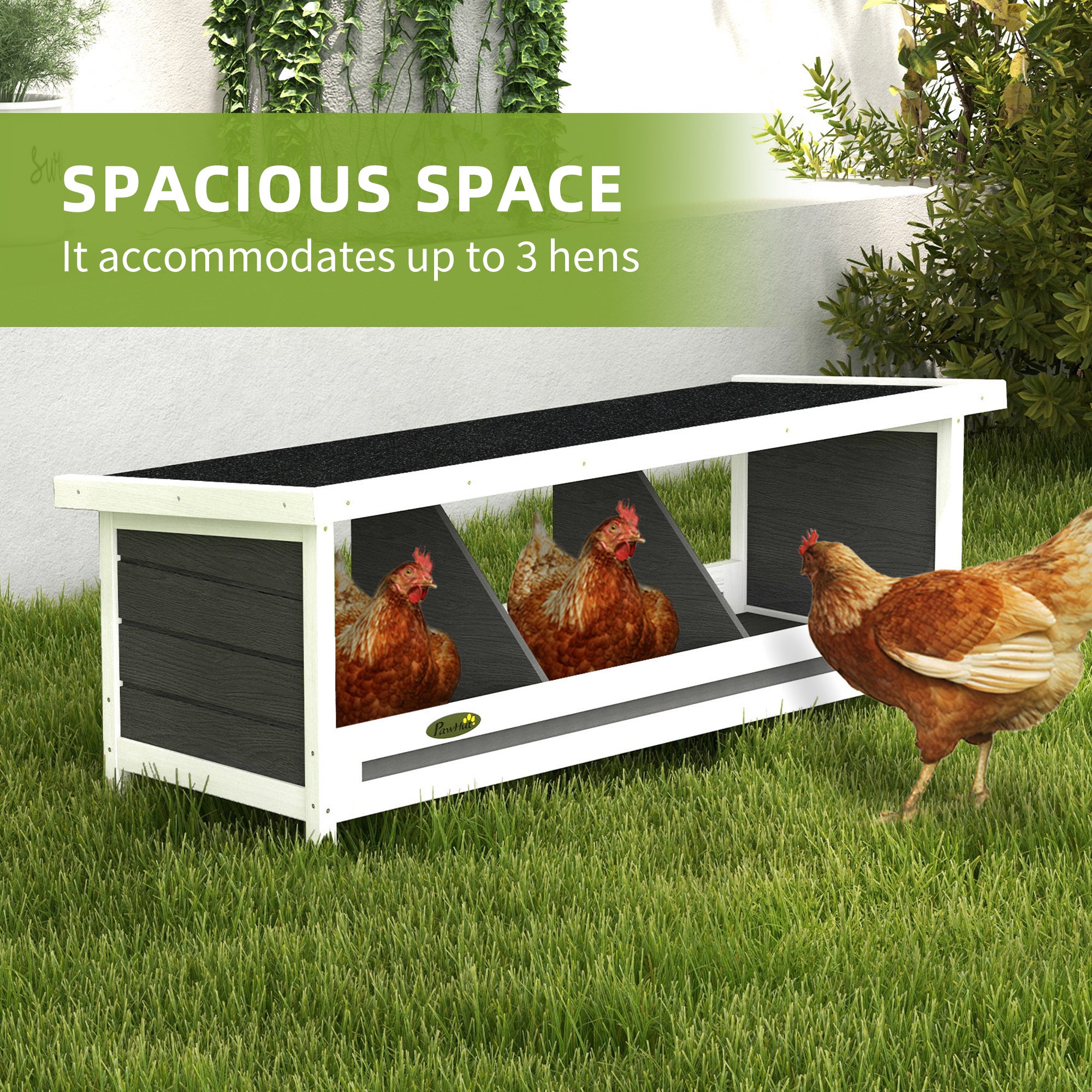 PawHut Wood Nesting Boxes for Chickens, Laying Nest Box, Chicken Coop Accessories with Asphalt Roof, Easy to Assemble, Fits Up to 3 Chickens, Grey