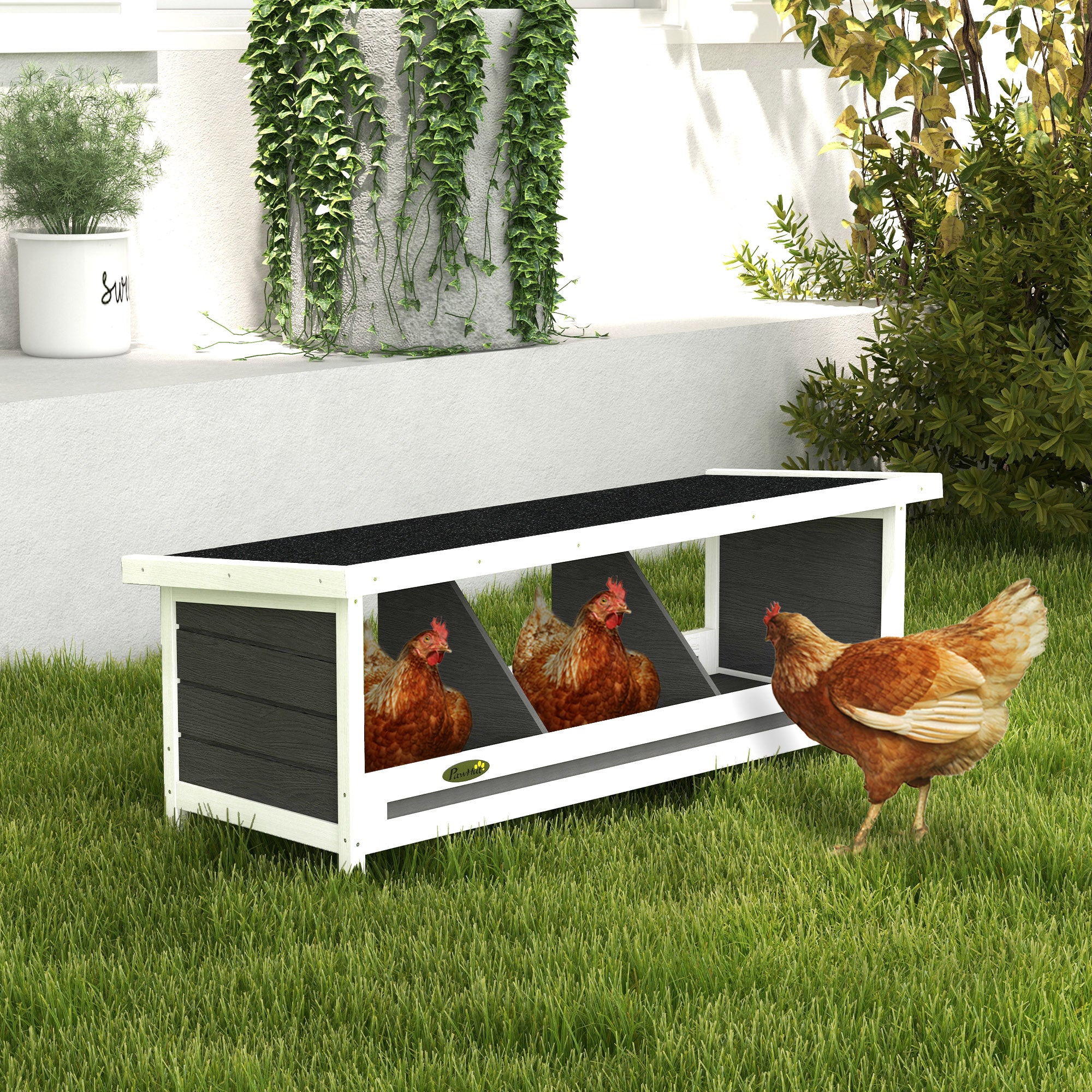 PawHut Wood Nesting Boxes for Chickens, Laying Nest Box, Chicken Coop Accessories with Asphalt Roof, Easy to Assemble, Fits Up to 3 Chickens, Grey