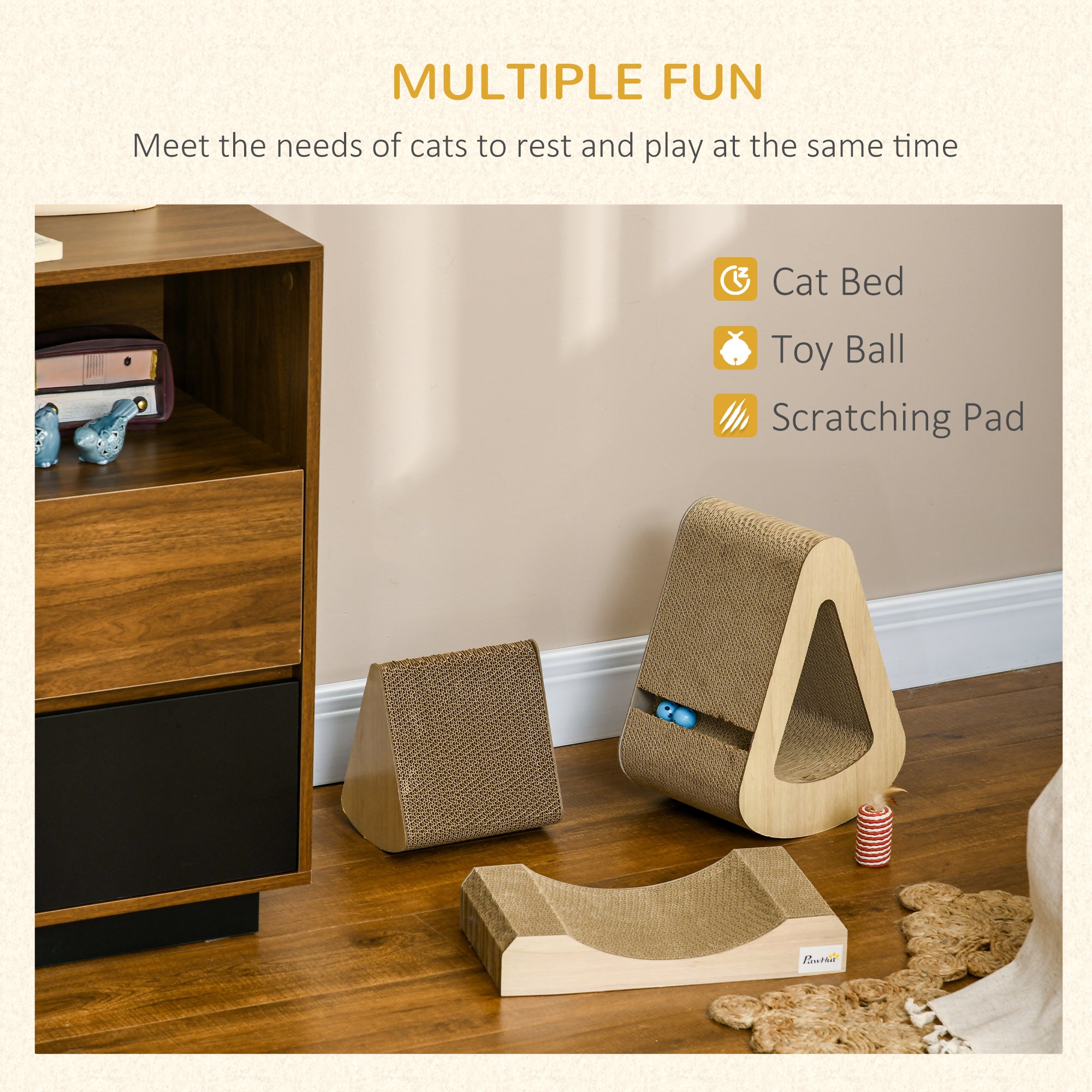 PawHut Cat Scratching Board with Catnip, Cardboard Cat Scratcher with Toy Ball, for Indoor Cats - Brown