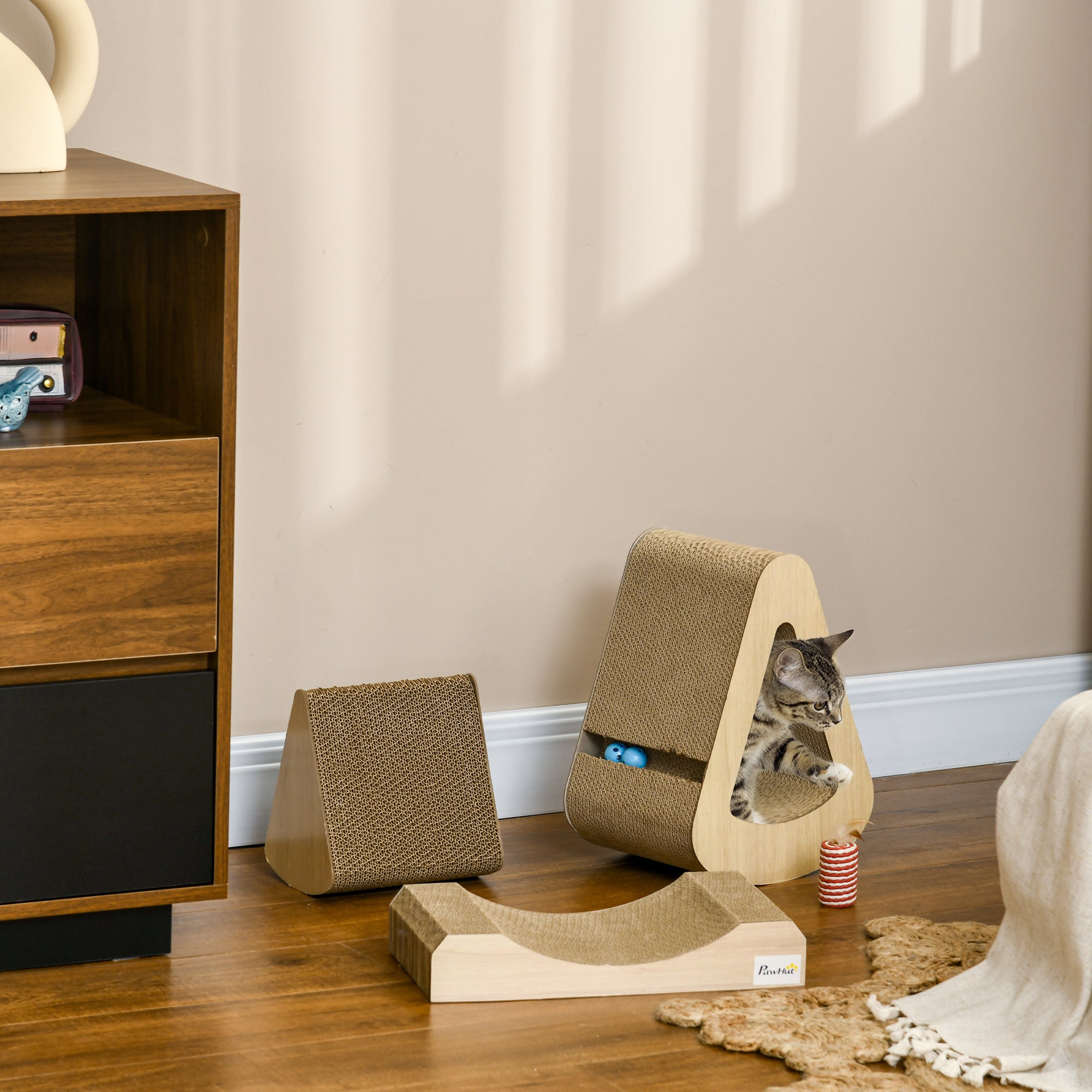 PawHut Cat Scratching Board with Catnip, Cardboard Cat Scratcher with Toy Ball, for Indoor Cats - Brown