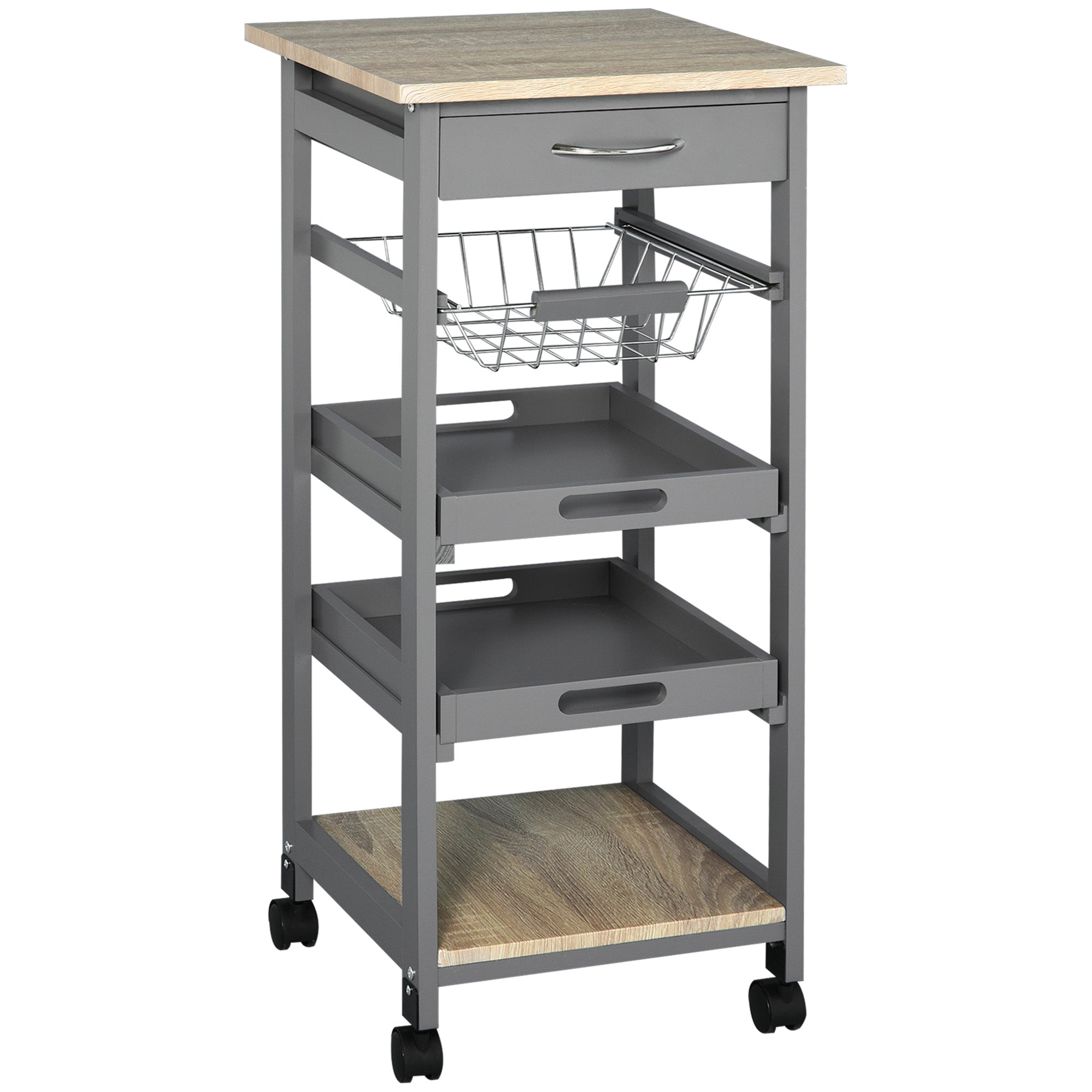 HOMCOM Bar Cart, 5-Tier Kitchen Cart with Removable Serving Tray, Rolling Coffee Cart on Wheels with Drawer and Wire Basket for Dining Room, Living Room (Grey)