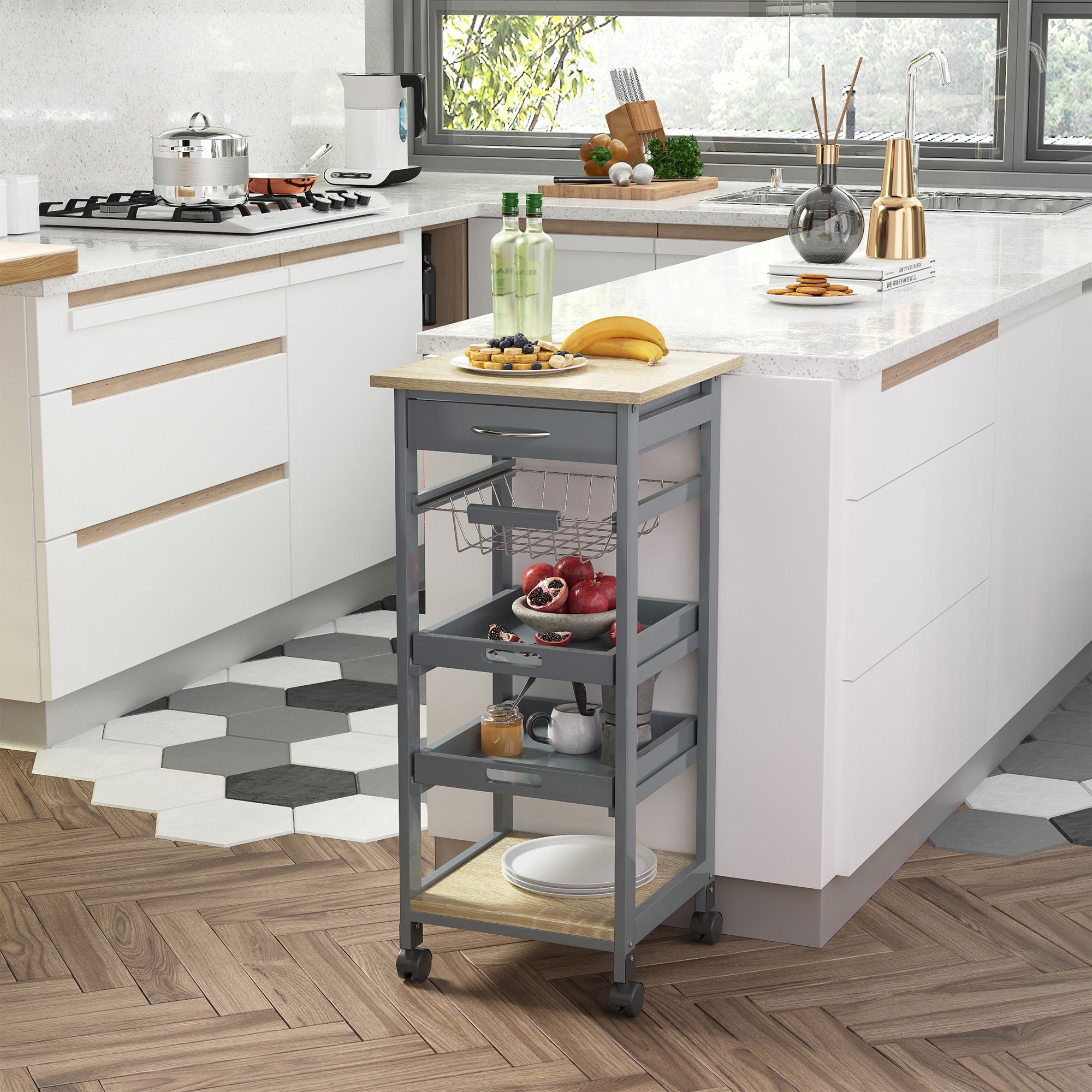 HOMCOM Bar Cart, 5-Tier Kitchen Cart with Removable Serving Tray, Rolling Coffee Cart on Wheels with Drawer and Wire Basket for Dining Room, Living Room (Grey)