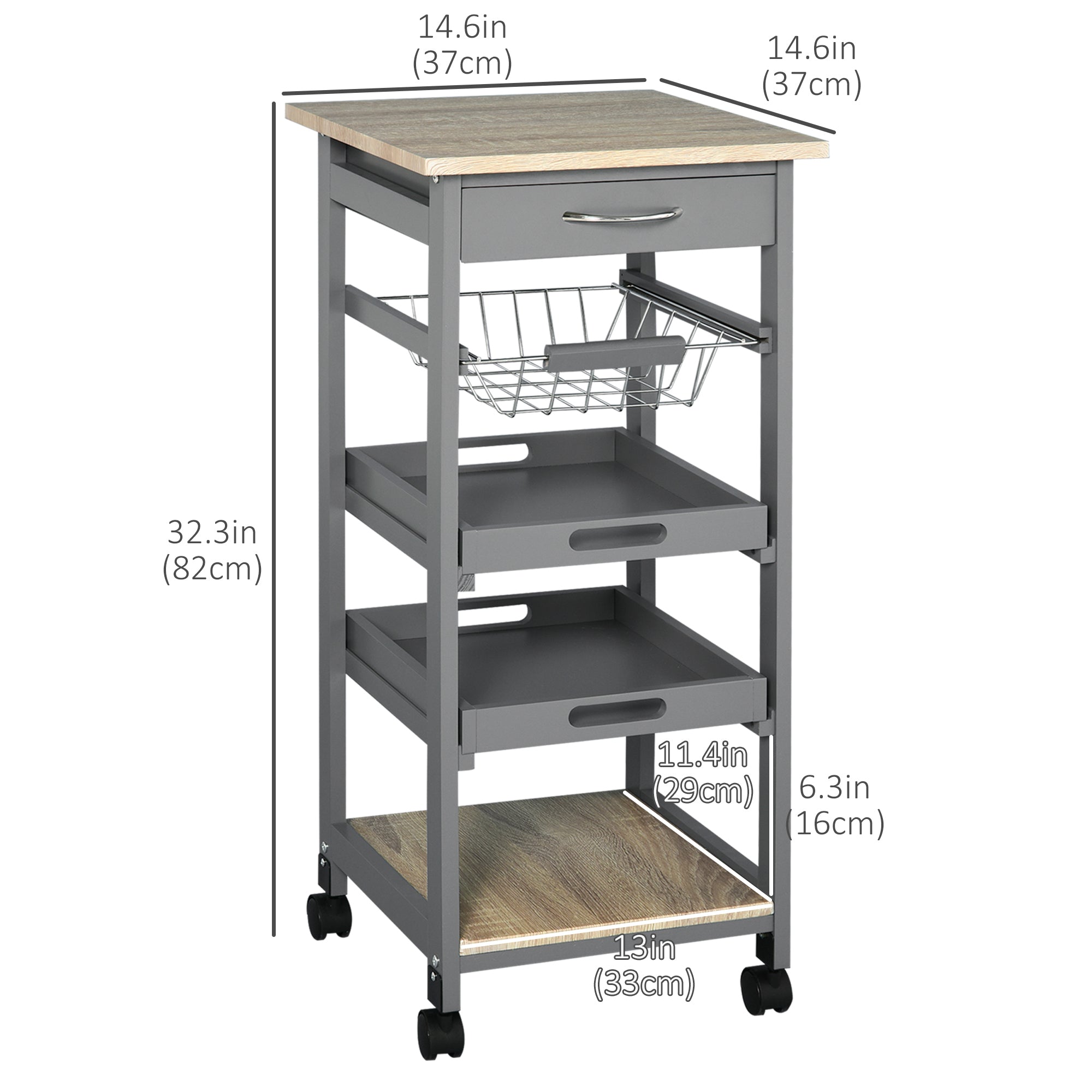 HOMCOM Bar Cart, 5-Tier Kitchen Cart with Removable Serving Tray, Rolling Coffee Cart on Wheels with Drawer and Wire Basket for Dining Room, Living Room (Grey)