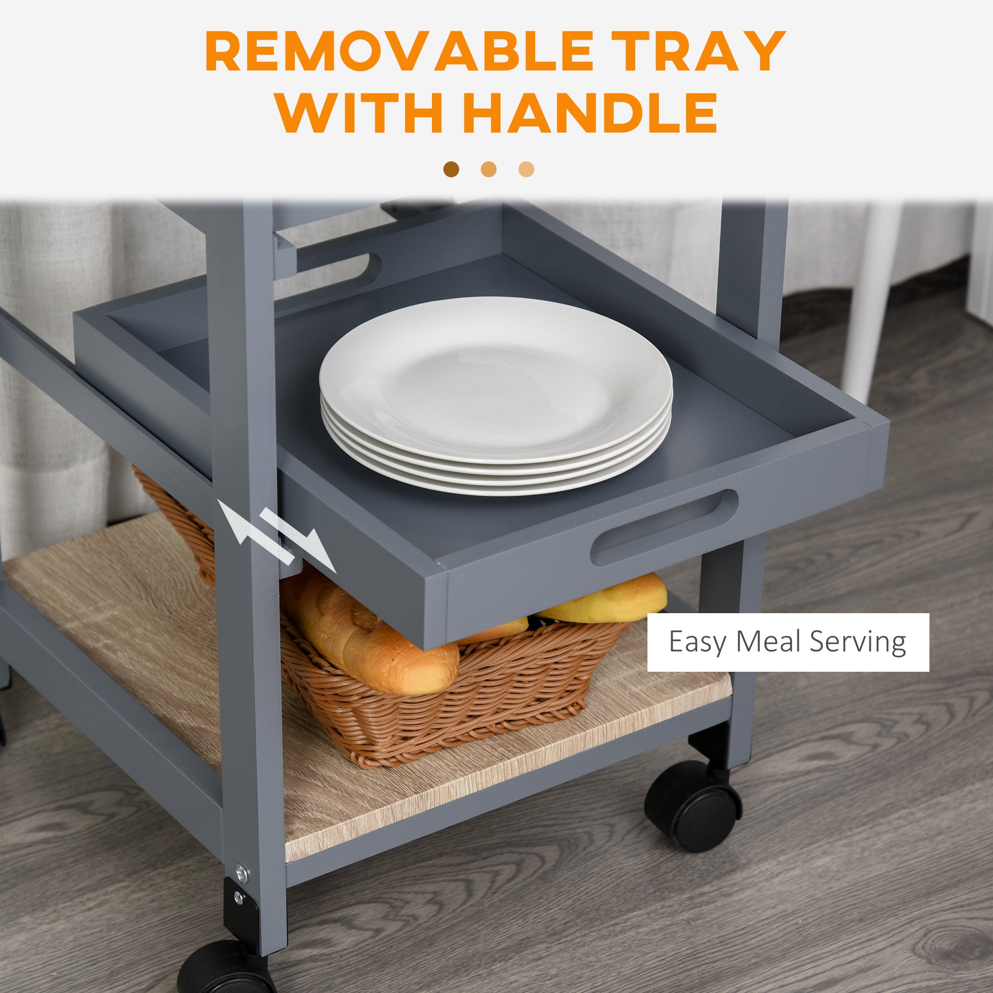 HOMCOM Bar Cart, 5-Tier Kitchen Cart with Removable Serving Tray, Rolling Coffee Cart on Wheels with Drawer and Wire Basket for Dining Room, Living Room (Grey)