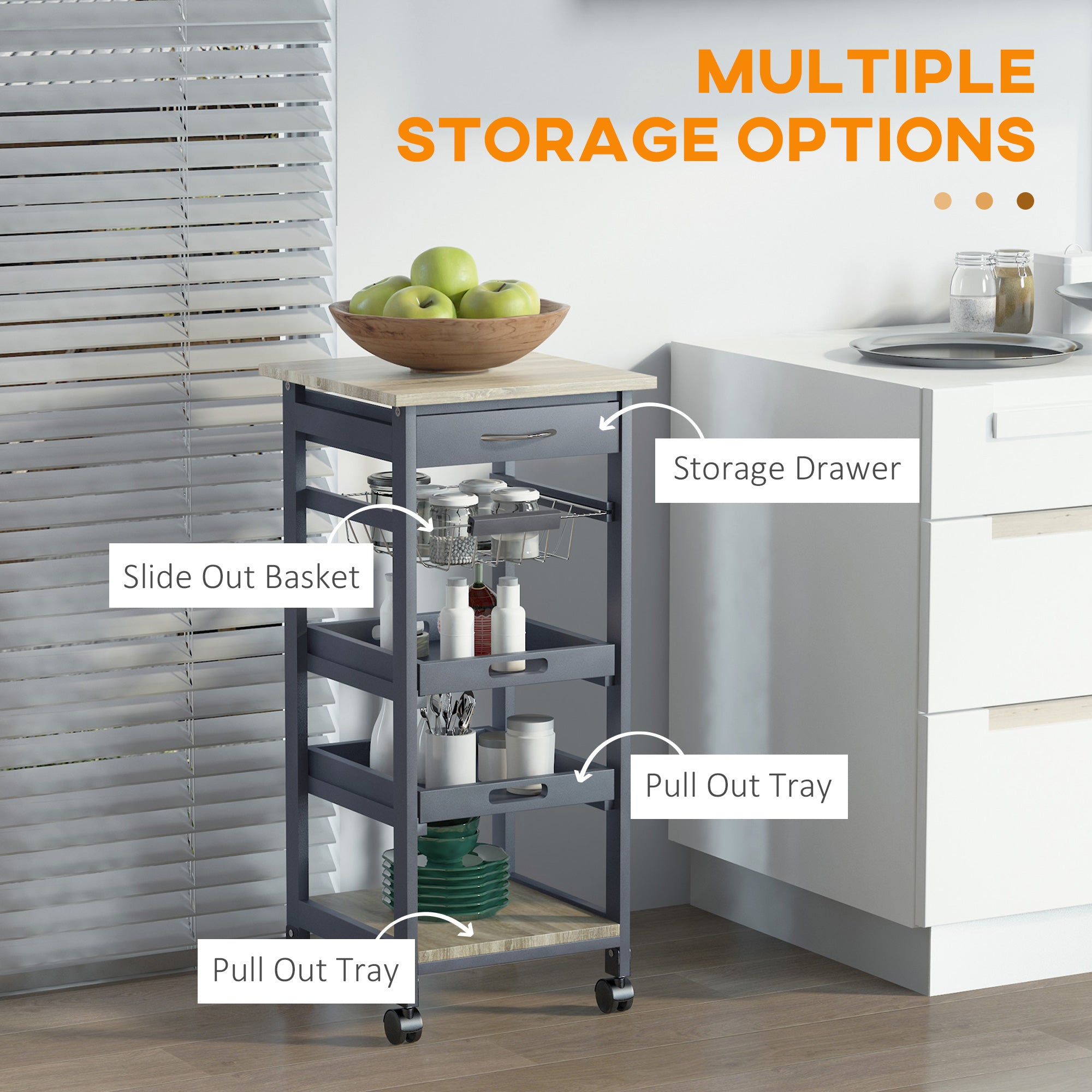 HOMCOM Bar Cart, 5-Tier Kitchen Cart with Removable Serving Tray, Rolling Coffee Cart on Wheels with Drawer and Wire Basket for Dining Room, Living Room (Grey)