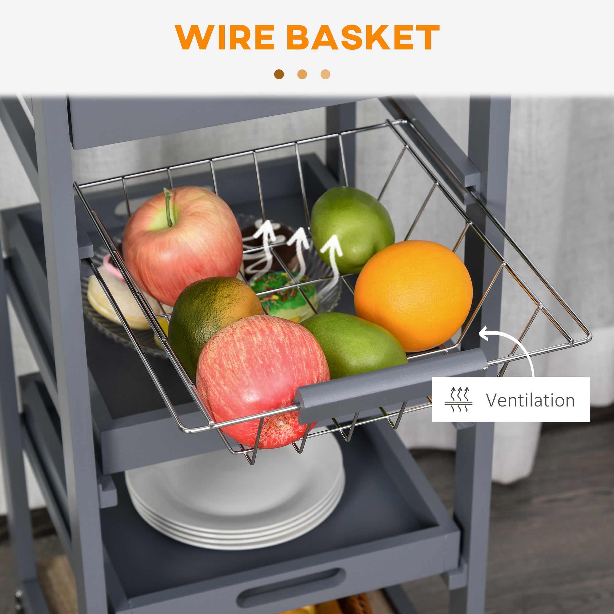 HOMCOM Bar Cart, 5-Tier Kitchen Cart with Removable Serving Tray, Rolling Coffee Cart on Wheels with Drawer and Wire Basket for Dining Room, Living Room (Grey)