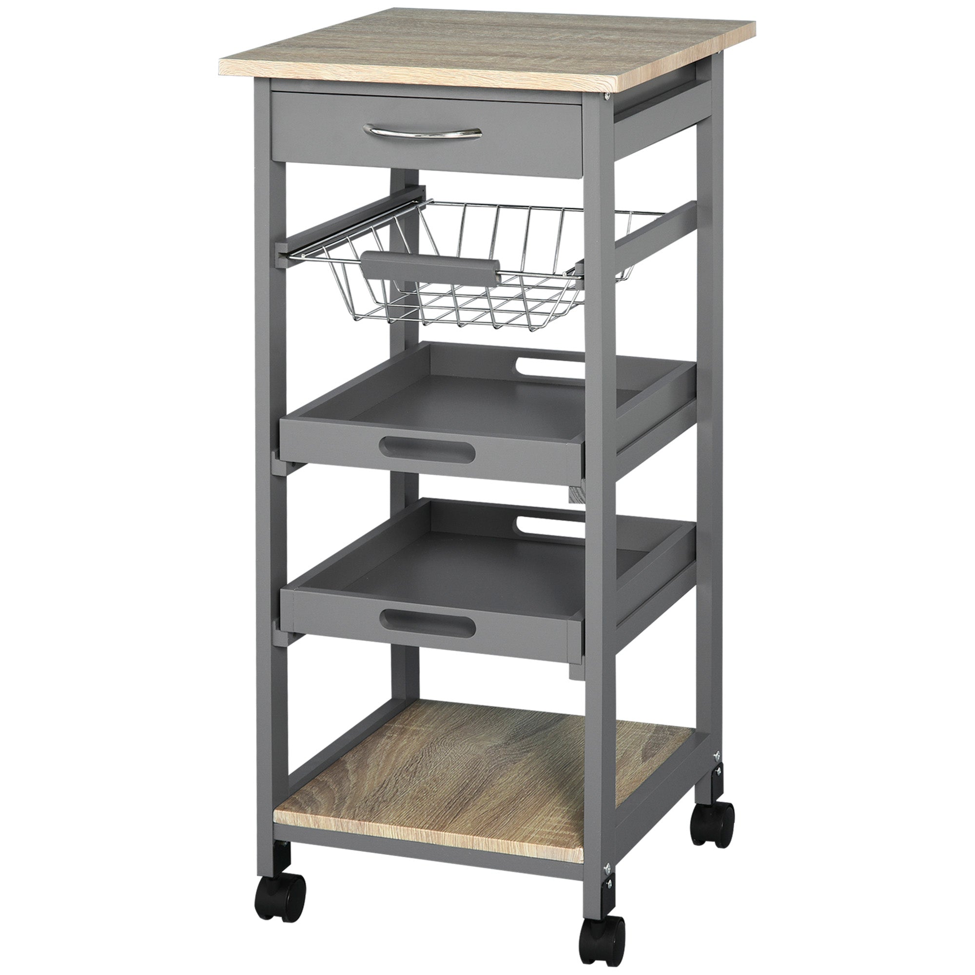 HOMCOM Bar Cart, 5-Tier Kitchen Cart with Removable Serving Tray, Rolling Coffee Cart on Wheels with Drawer and Wire Basket for Dining Room, Living Room (Grey)