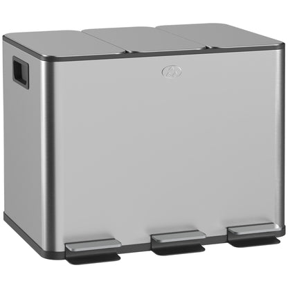 HOMCOM Triple Kitchen Garbage Bin, 3 x 5 Gallon (3 x 20 L) Trash Can with Foot Pedal, Soft-Close Garbage Can with Removable Inner Buckets, Fingerprint-Proof for Kitchen, Silver