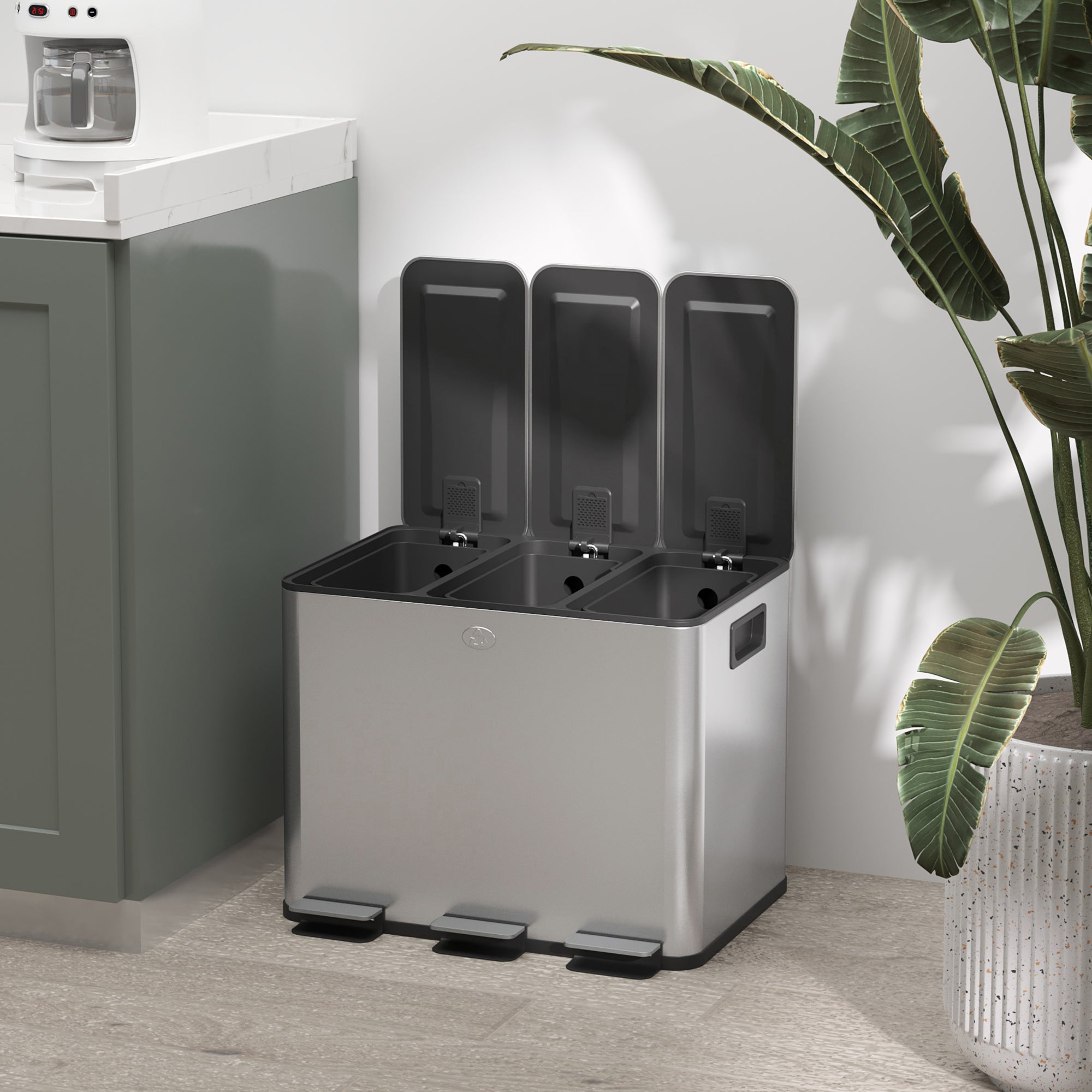 HOMCOM Triple Kitchen Garbage Bin, 3 x 5 Gallon (3 x 20 L) Trash Can with Foot Pedal, Soft-Close Garbage Can with Removable Inner Buckets, Fingerprint-Proof for Kitchen, Silver