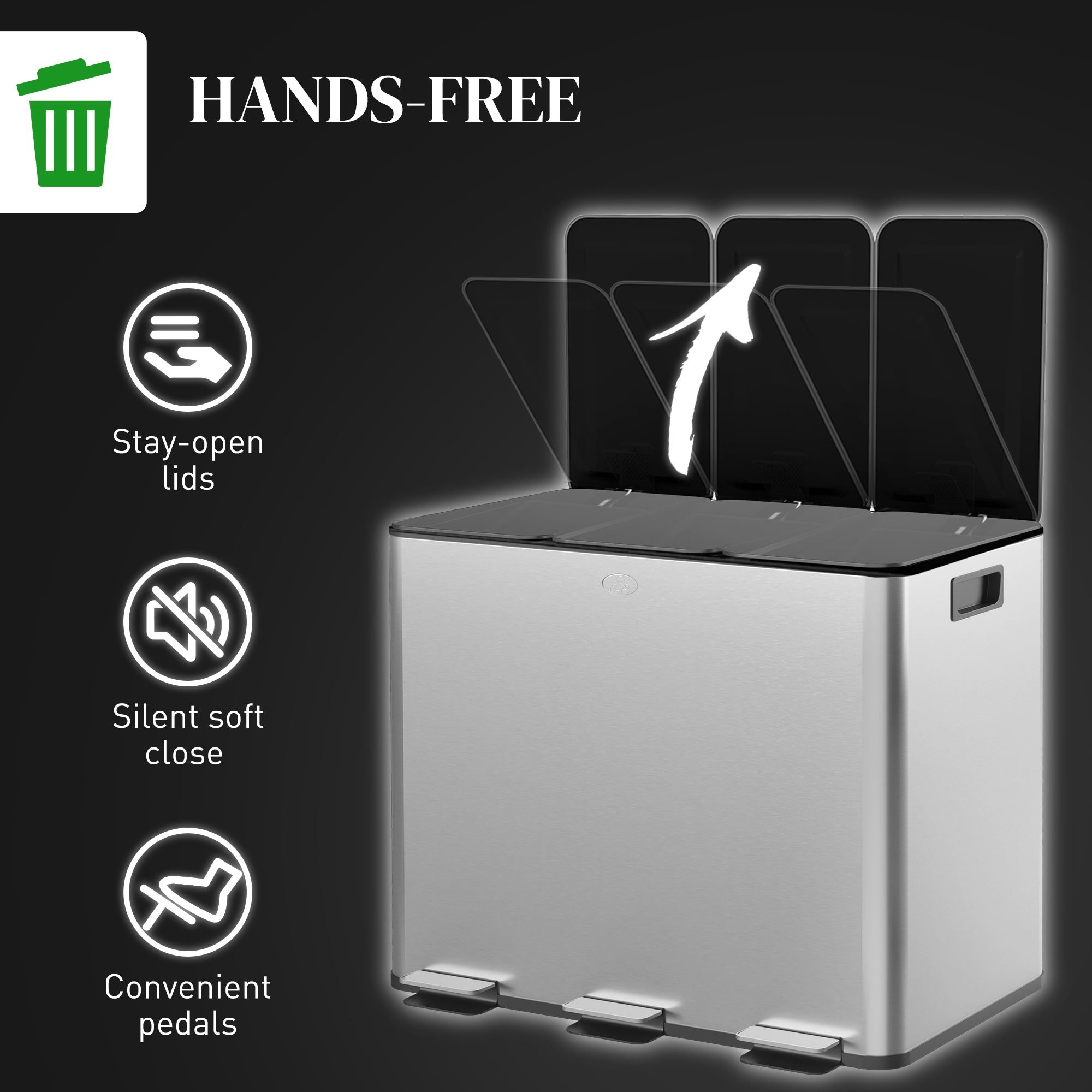 HOMCOM Triple Kitchen Garbage Bin, 3 x 5 Gallon (3 x 20 L) Trash Can with Foot Pedal, Soft-Close Garbage Can with Removable Inner Buckets, Fingerprint-Proof for Kitchen, Silver