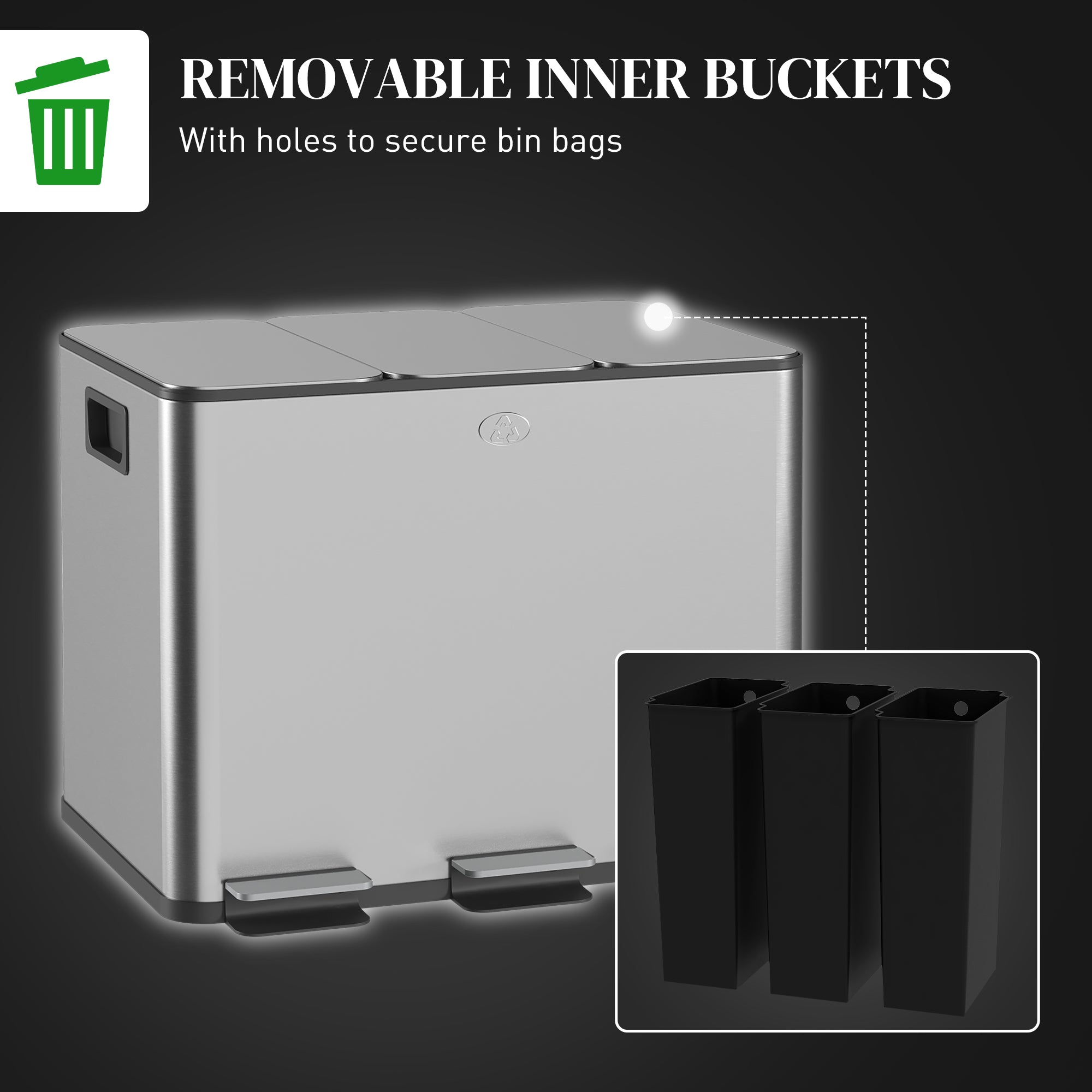 HOMCOM Triple Kitchen Garbage Bin, 3 x 5 Gallon (3 x 20 L) Trash Can with Foot Pedal, Soft-Close Garbage Can with Removable Inner Buckets, Fingerprint-Proof for Kitchen, Silver