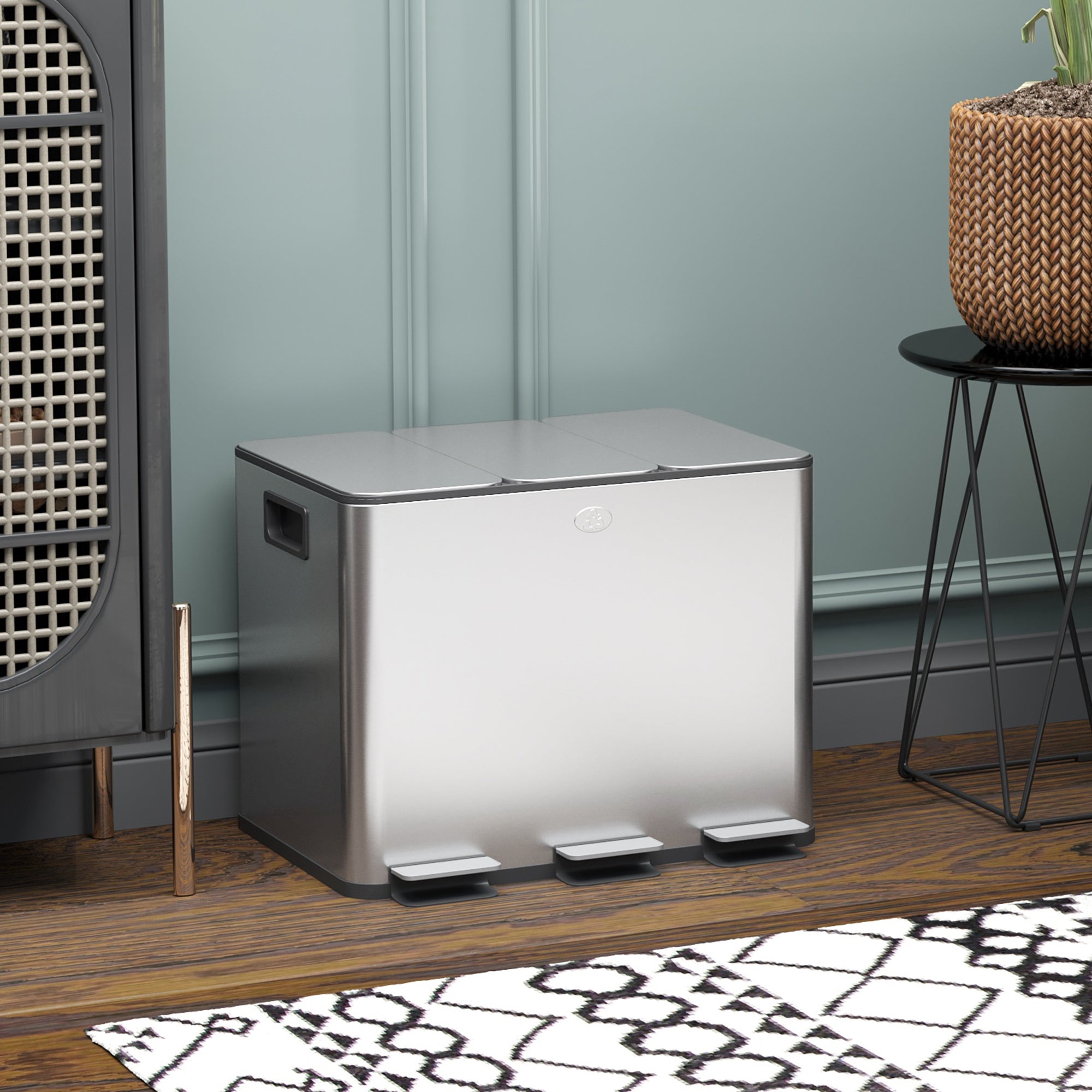 HOMCOM Triple Kitchen Garbage Bin, 3 x 5 Gallon (3 x 20 L) Trash Can with Foot Pedal, Soft-Close Garbage Can with Removable Inner Buckets, Fingerprint-Proof for Kitchen, Silver