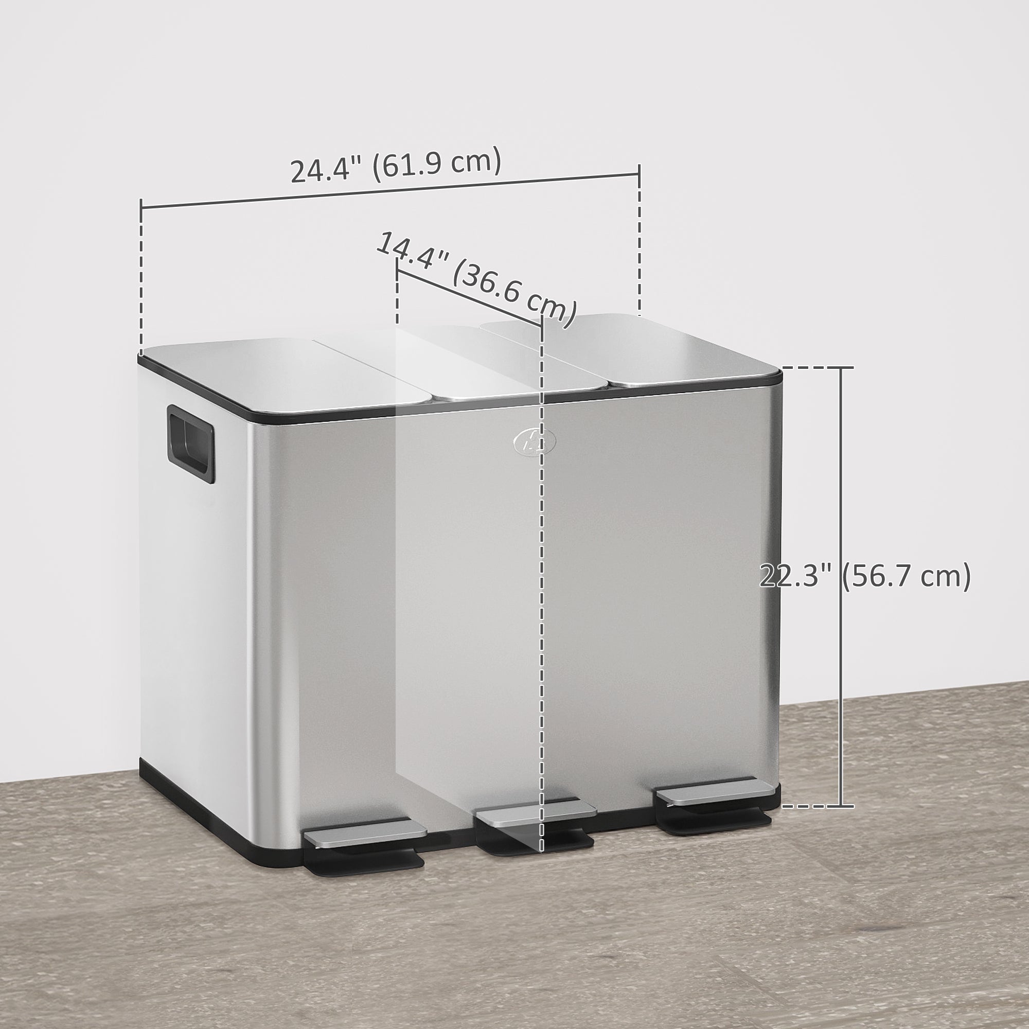 HOMCOM Triple Kitchen Garbage Bin, 3 x 5 Gallon (3 x 20 L) Trash Can with Foot Pedal, Soft-Close Garbage Can with Removable Inner Buckets, Fingerprint-Proof for Kitchen, Silver