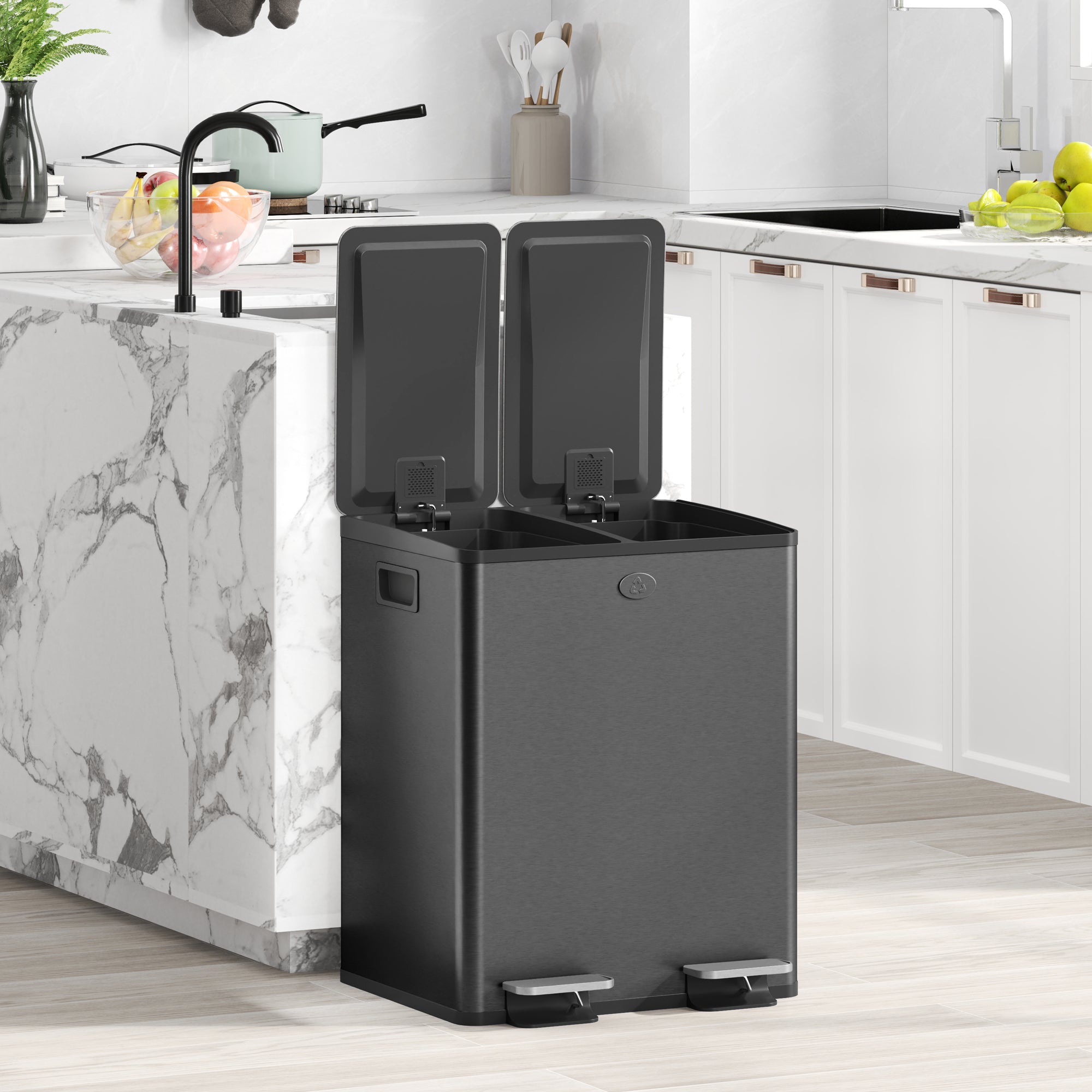 HOMCOM Dual Kitchen Garbage Bin, 2 x 5 Gallon (2 x 20 L) Trash Can with Foot Pedal, Soft-Close Garbage Can with Removable Inner Buckets, Fingerprint-Proof for Kitchen, Matte Black
